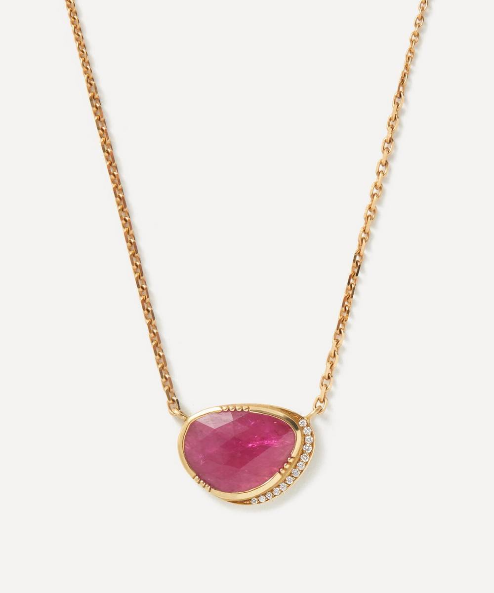 Brooke Gregson 18ct Gold Ellipse Halo Ruby Pendant Necklace | Liberty
