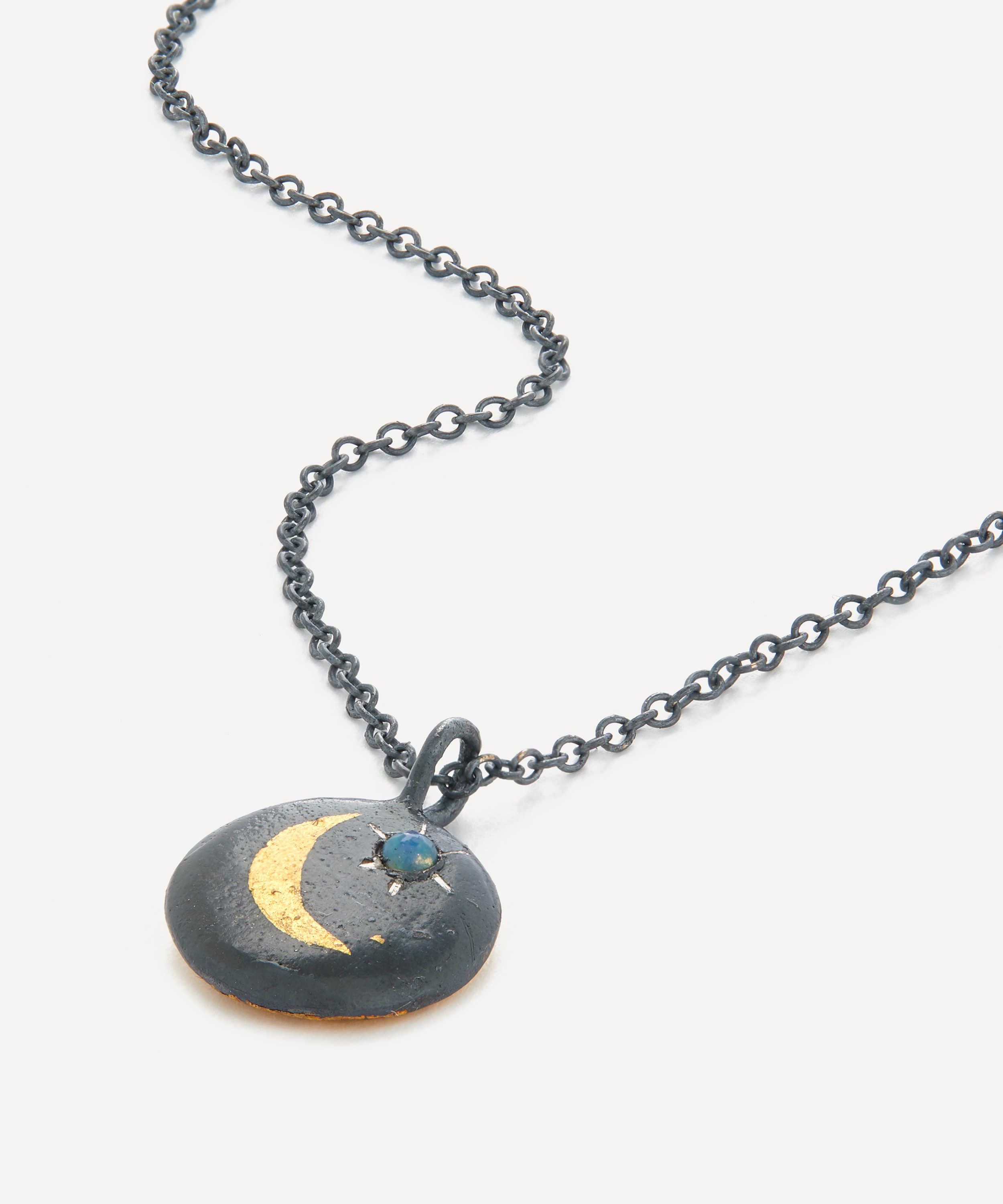 Acanthus - 24ct Gold and Oxidised Silver Round Opal Crescent Pendant Necklace