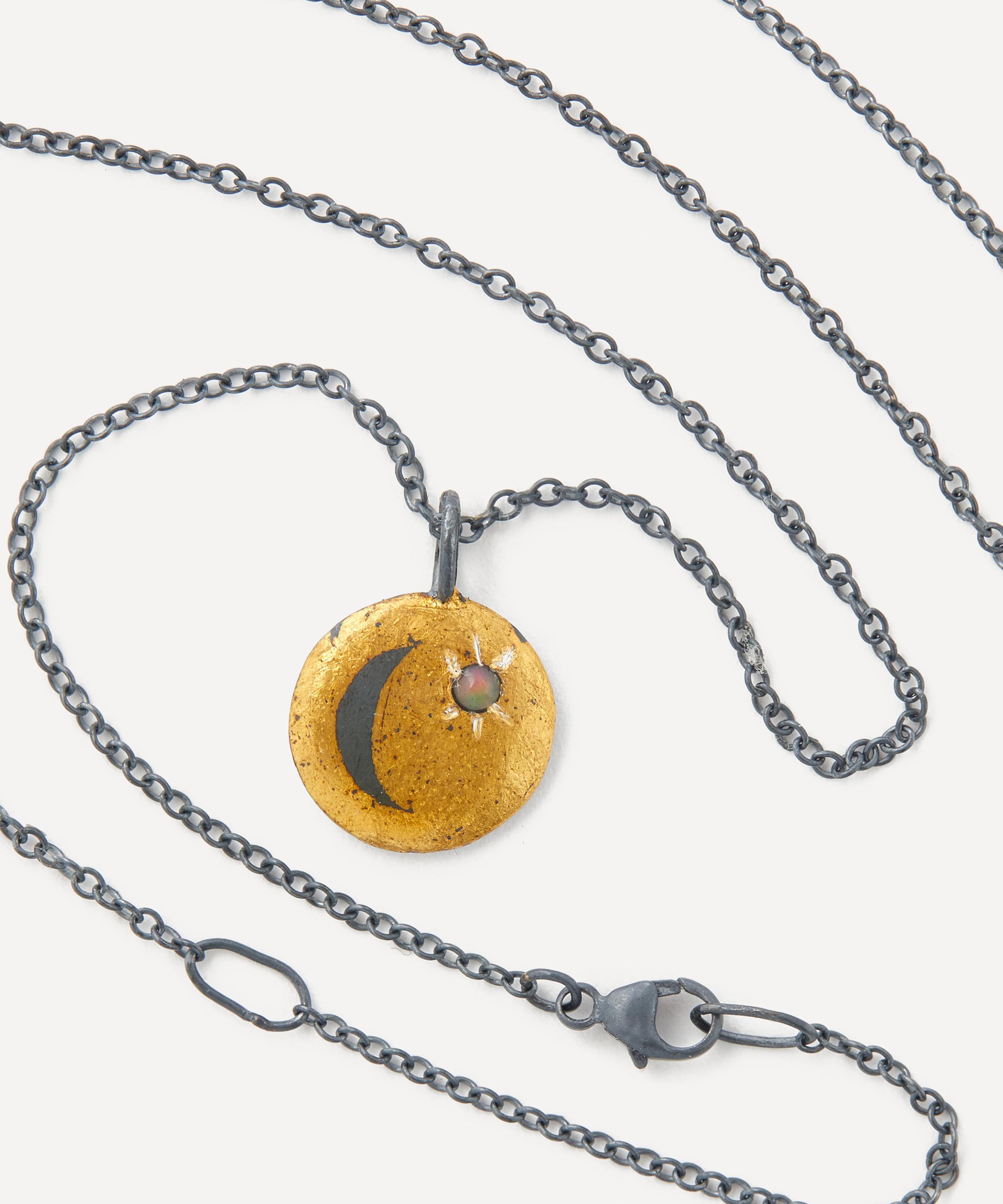 Acanthus - 24ct Gold and Oxidised Silver Round Opal Crescent Pendant Necklace image number 3