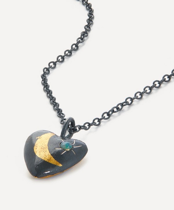 Acanthus - 24ct Gold and Oxidised Silver Heart Opal Crescent Pendant Necklace
