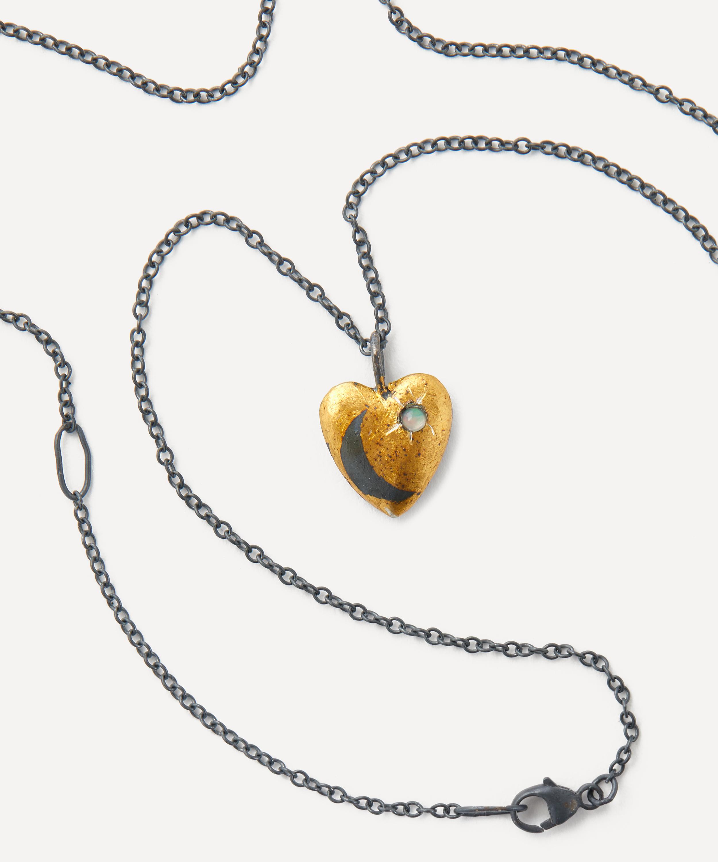 Acanthus - 24ct Gold and Oxidised Silver Heart Opal Crescent Pendant Necklace image number 3