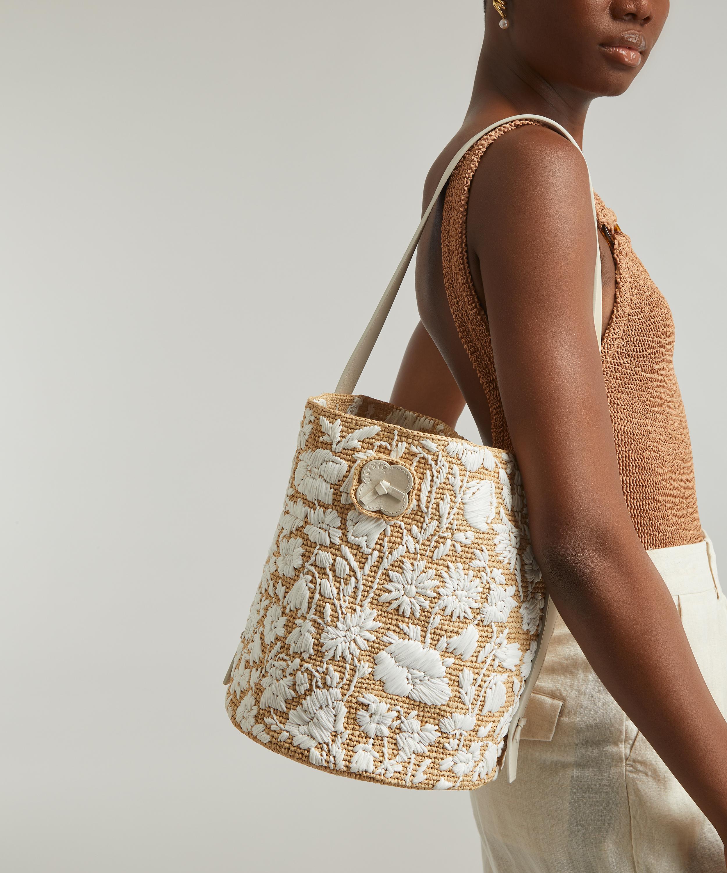 Medium leather-trimmed embroidered raffia tote