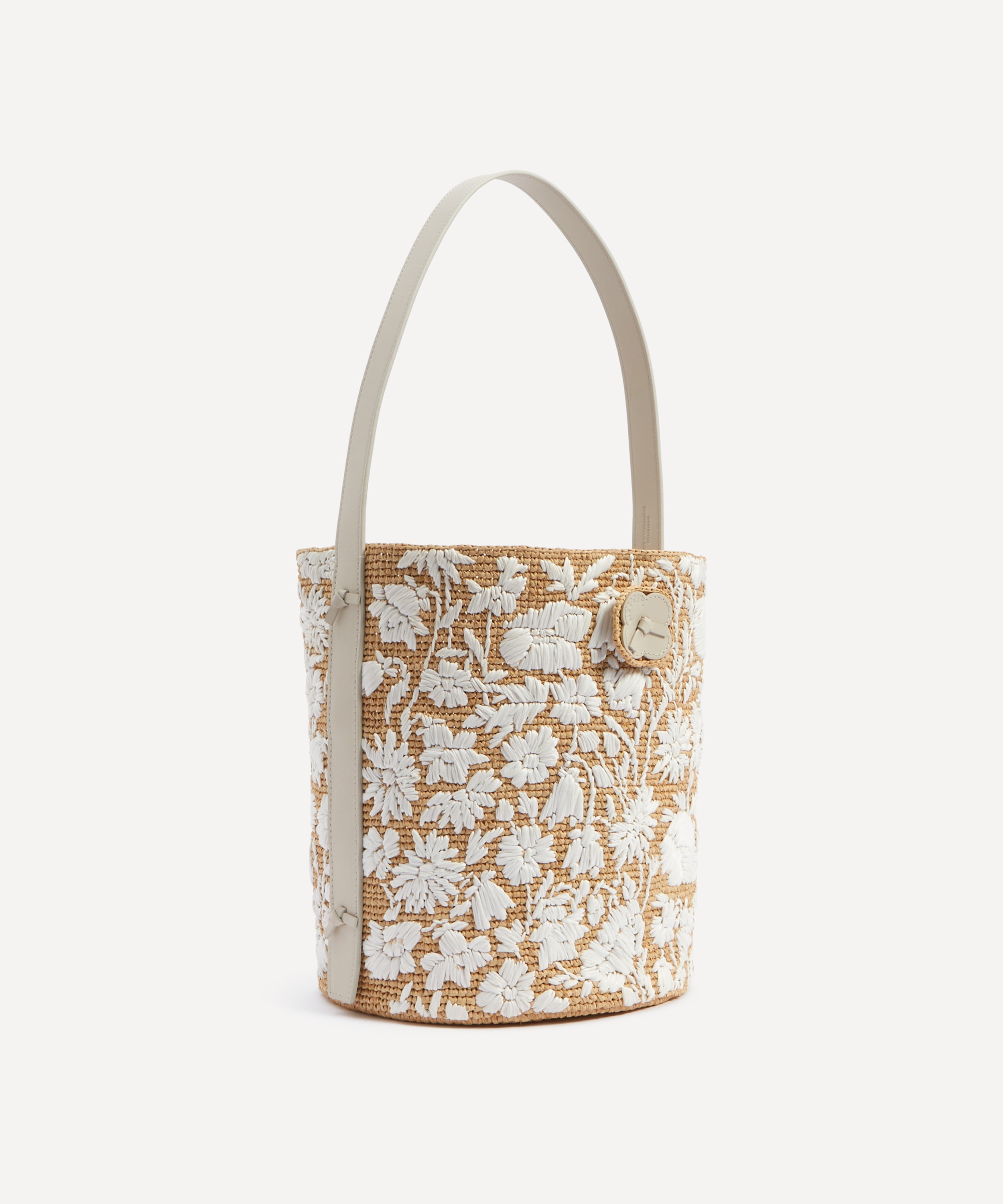 T Monogram Embroidered Raffia Mini Bucket Bag: Women's Designer