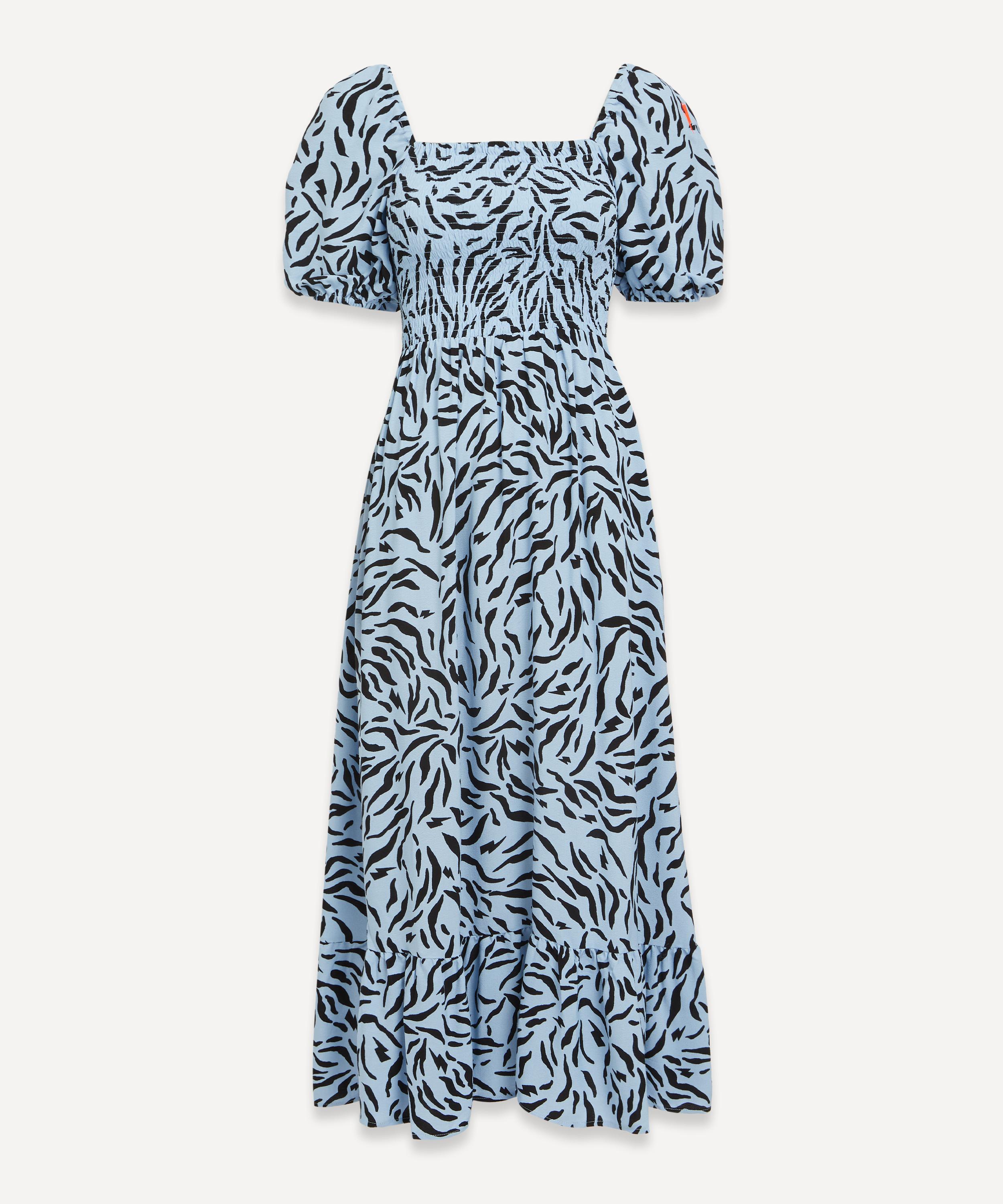 Scamp & Dude - Pale Blue with Black Zebra Shirred Midi-Dress