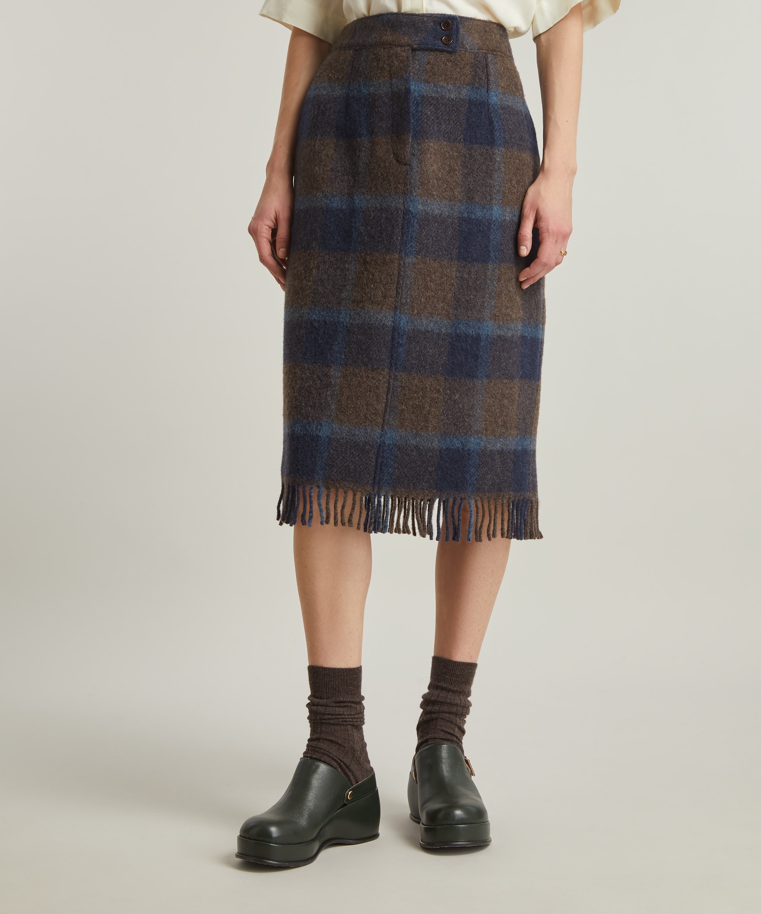 YMC Alina Wool Check Fringed Skirt