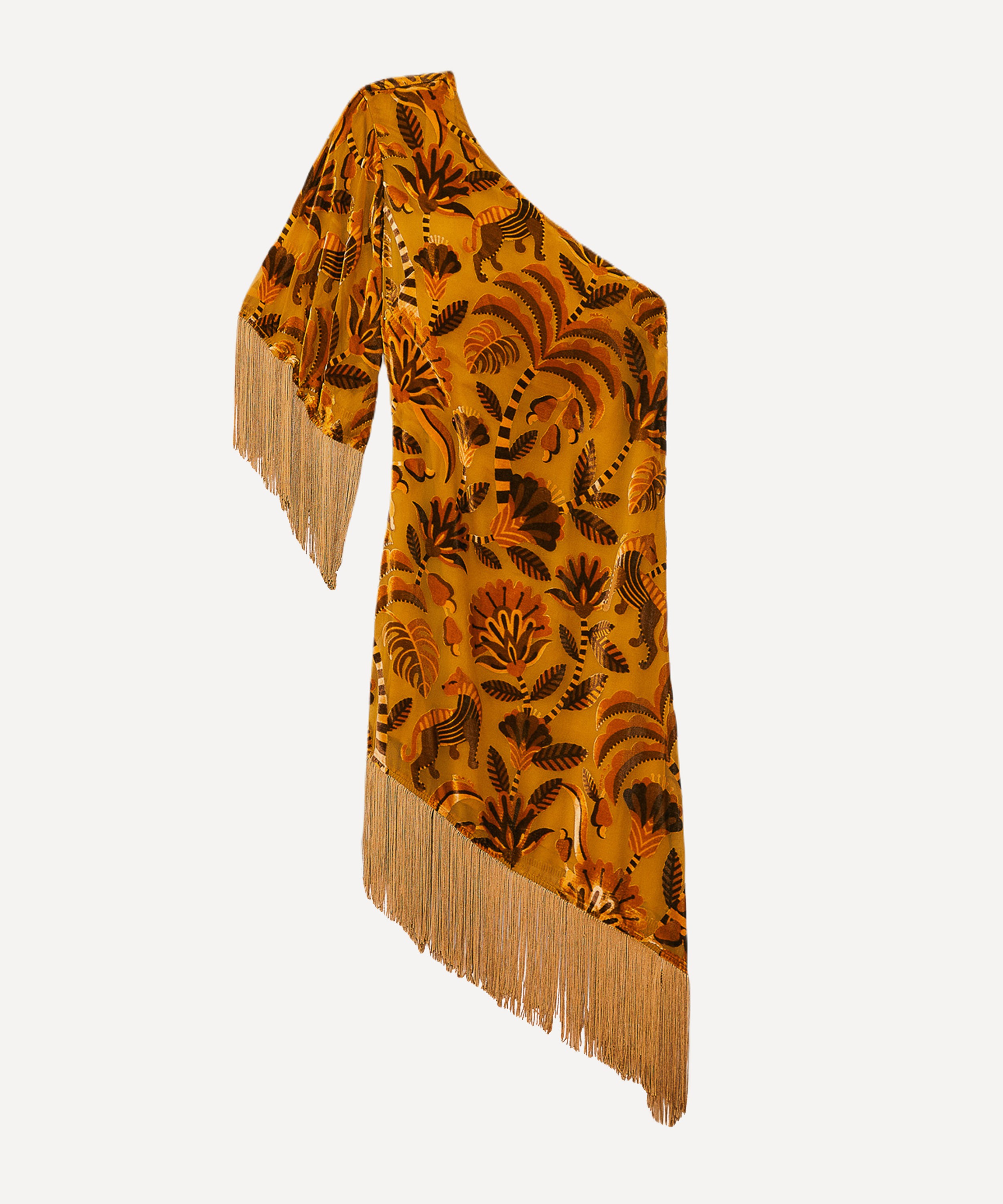 FARM Rio - Golden Yellow Velvet One-Shoulder Fringe Dress