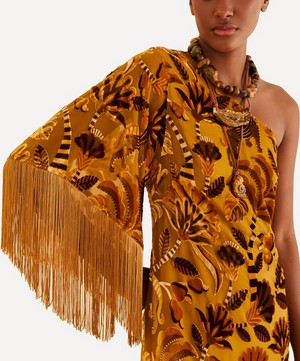 FARM Rio - Golden Yellow Velvet One-Shoulder Fringe Dress image number 3
