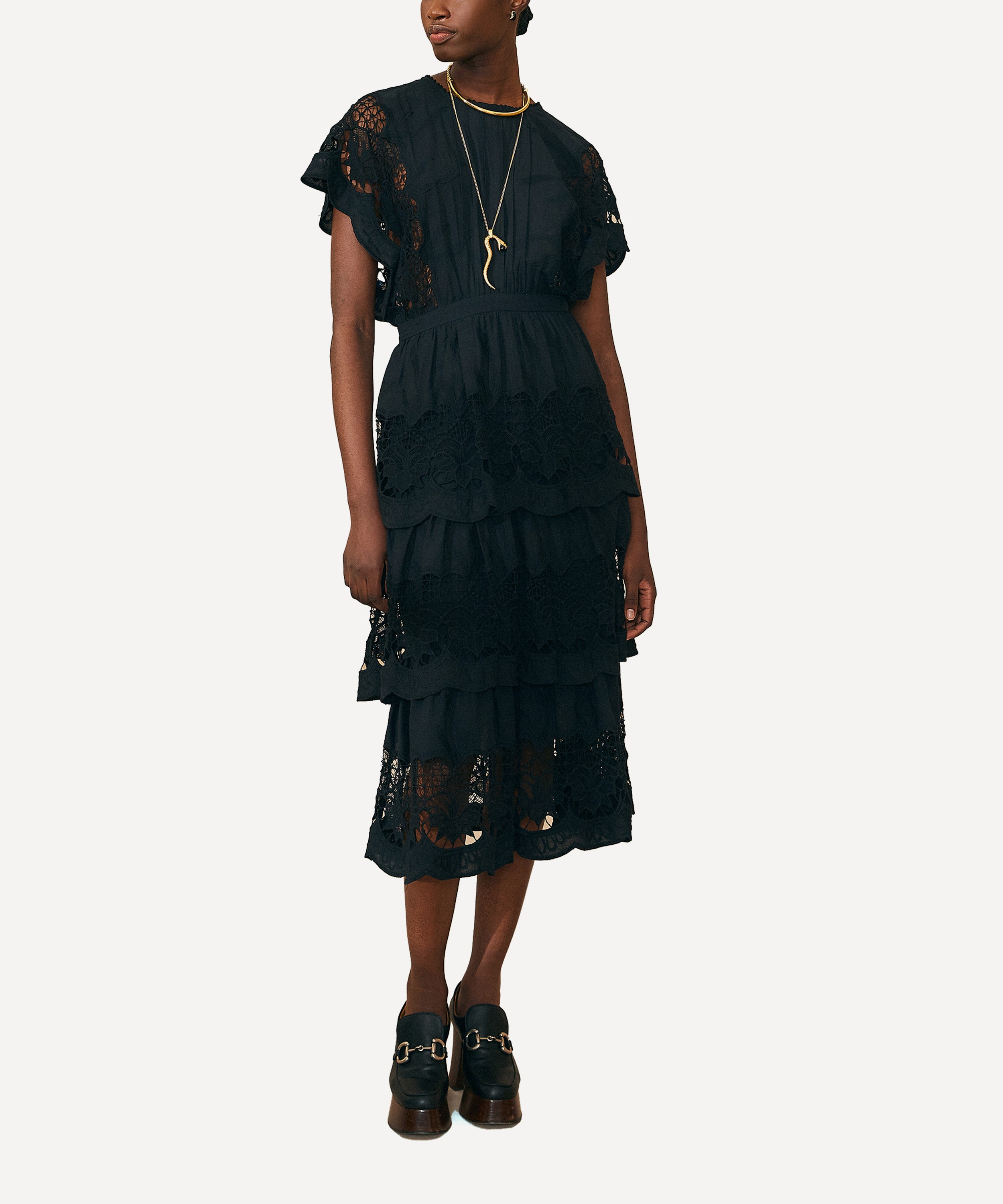 FARM Rio - Black Richelieu Midi-Dress image number 1