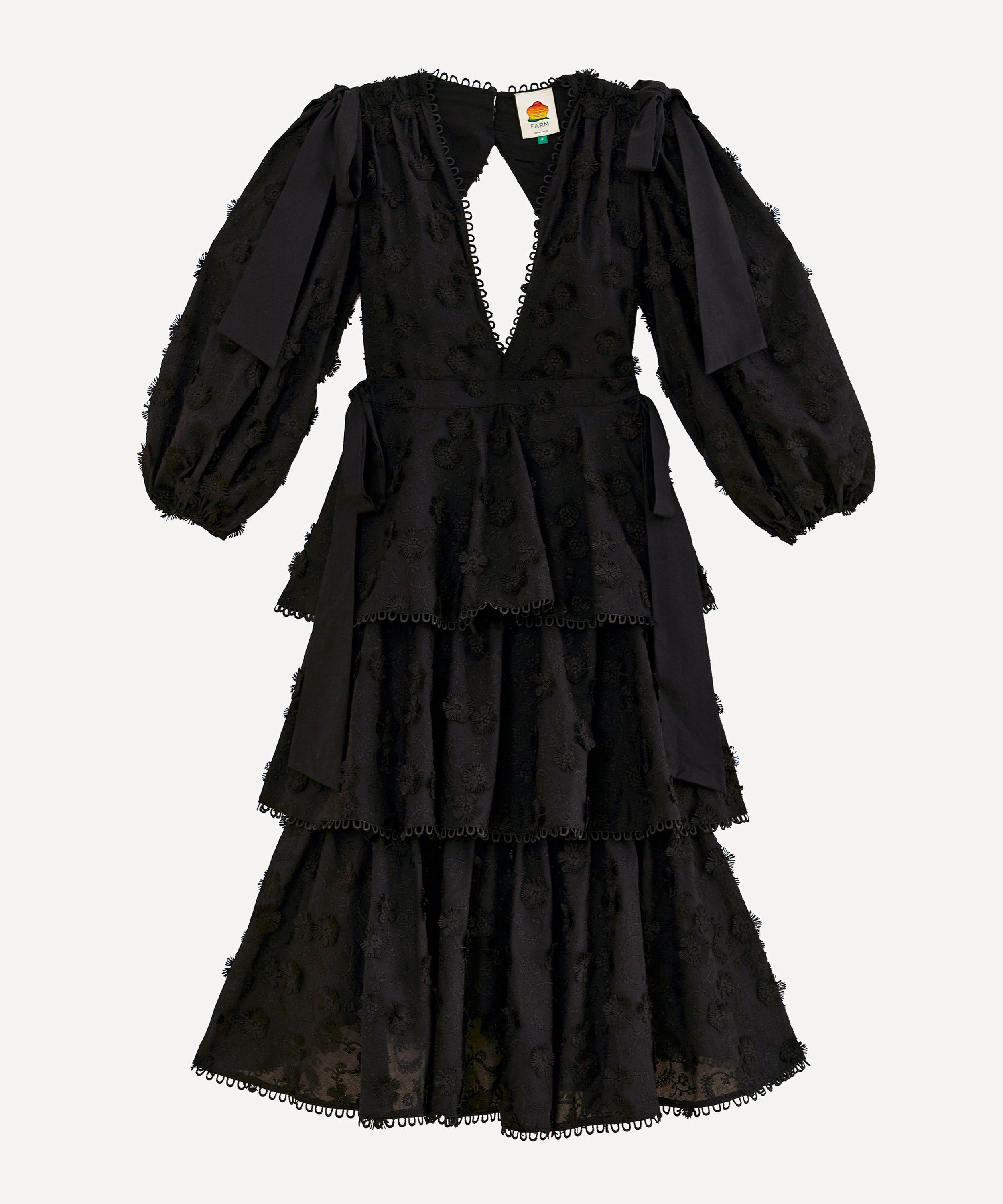 FARM Rio - Black Flowers Textured Tiered Midi-Dress