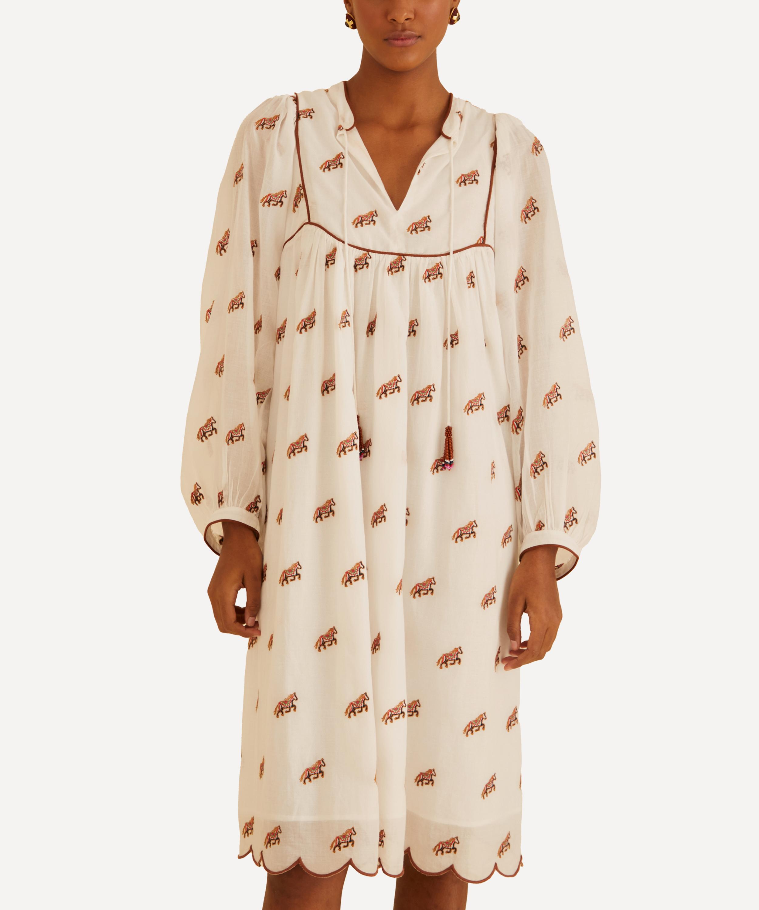 FARM Rio Off White Embroidered Horses Ruffled Midi Dress Liberty