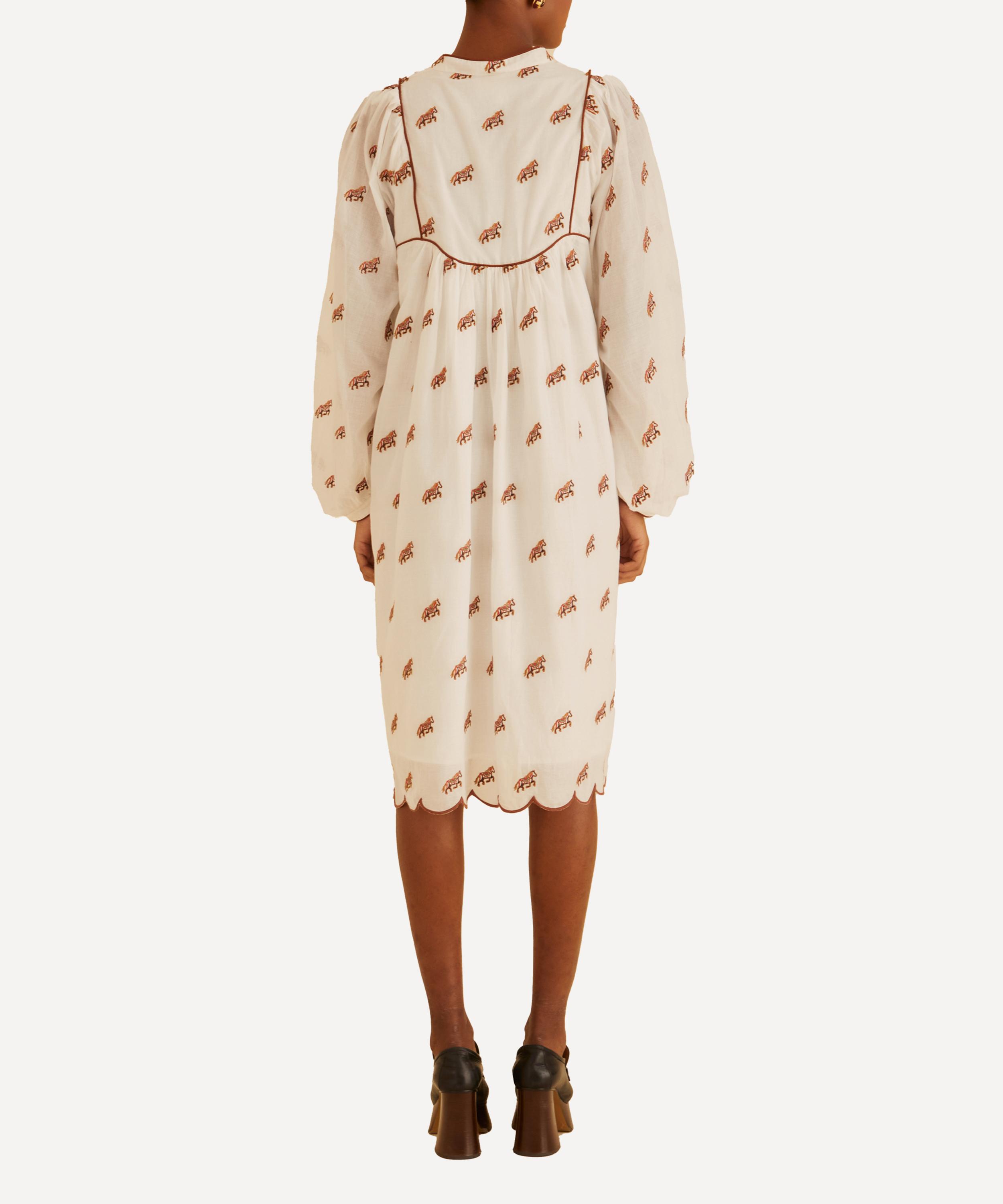 FARM Rio - Off-White Embroidered Horses Ruffled Midi-Dress image number 2