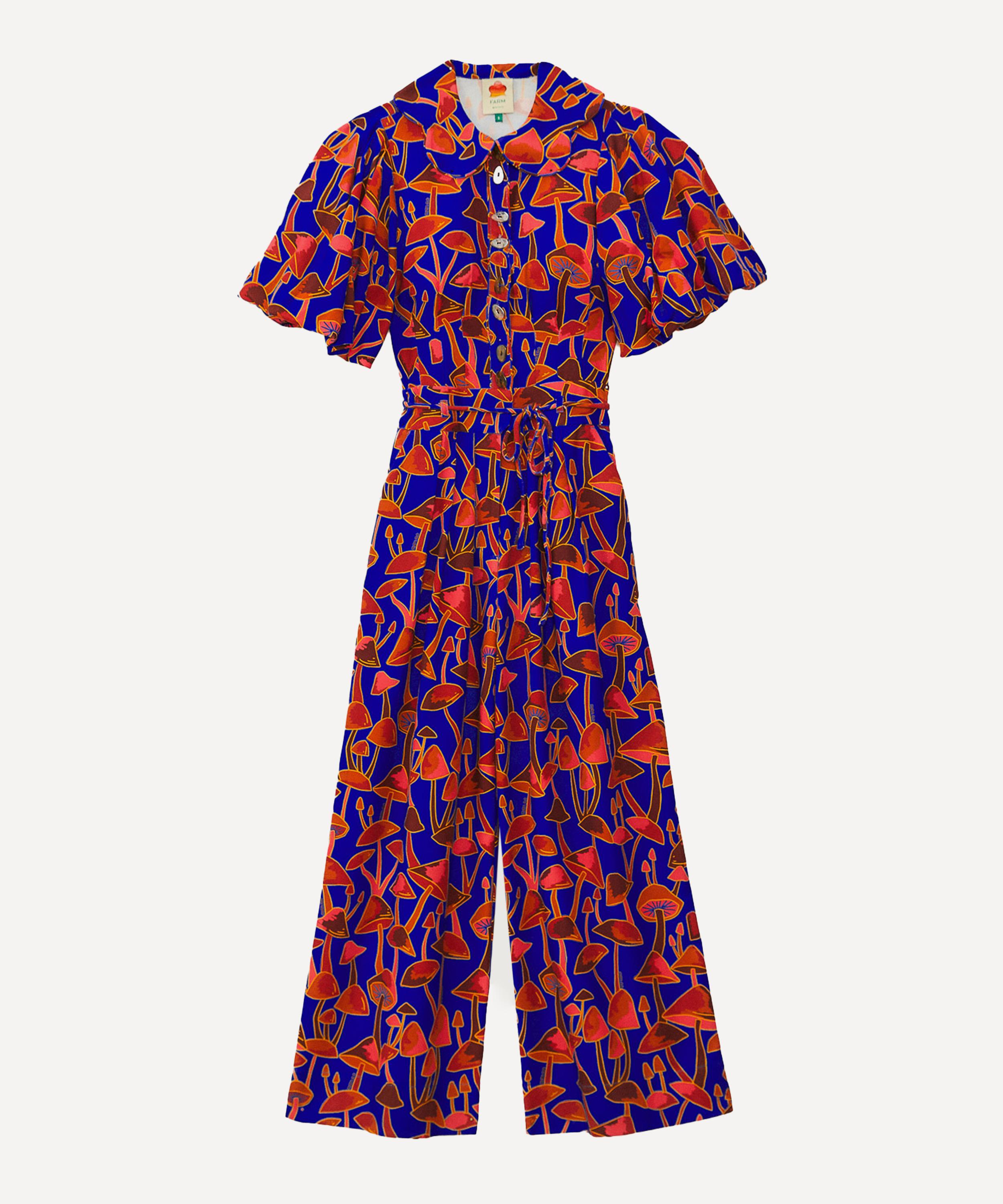 Bright Blue Mushroom Sketch Puff Sleeve Jumpsuit