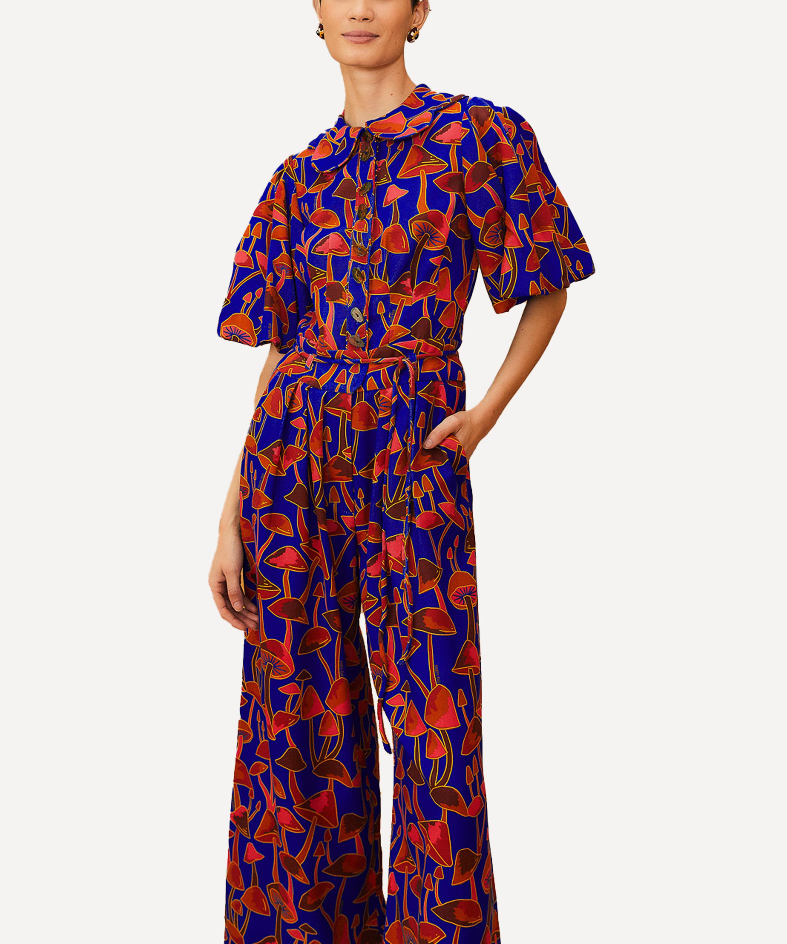 FARM Rio Bright Blue Mushroom Sketch Puff Sleeve Jumpsuit