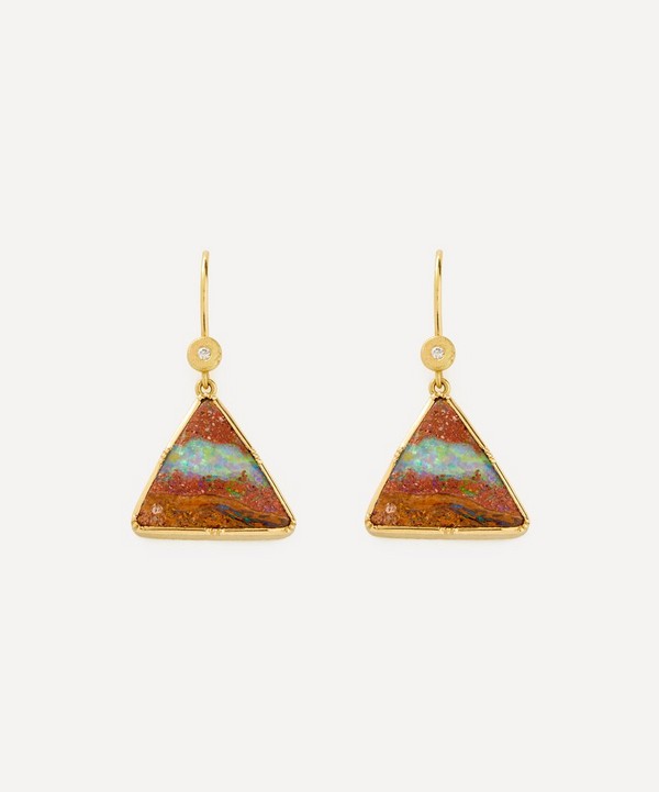 Brooke Gregson - 18ct Gold Pyramid Wood Opal Drop Earrings image number null