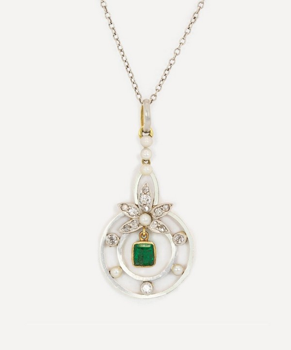 Kojis - Gold and Platinum Antique Emerald and Diamond Leaf Pendant Necklace image number null