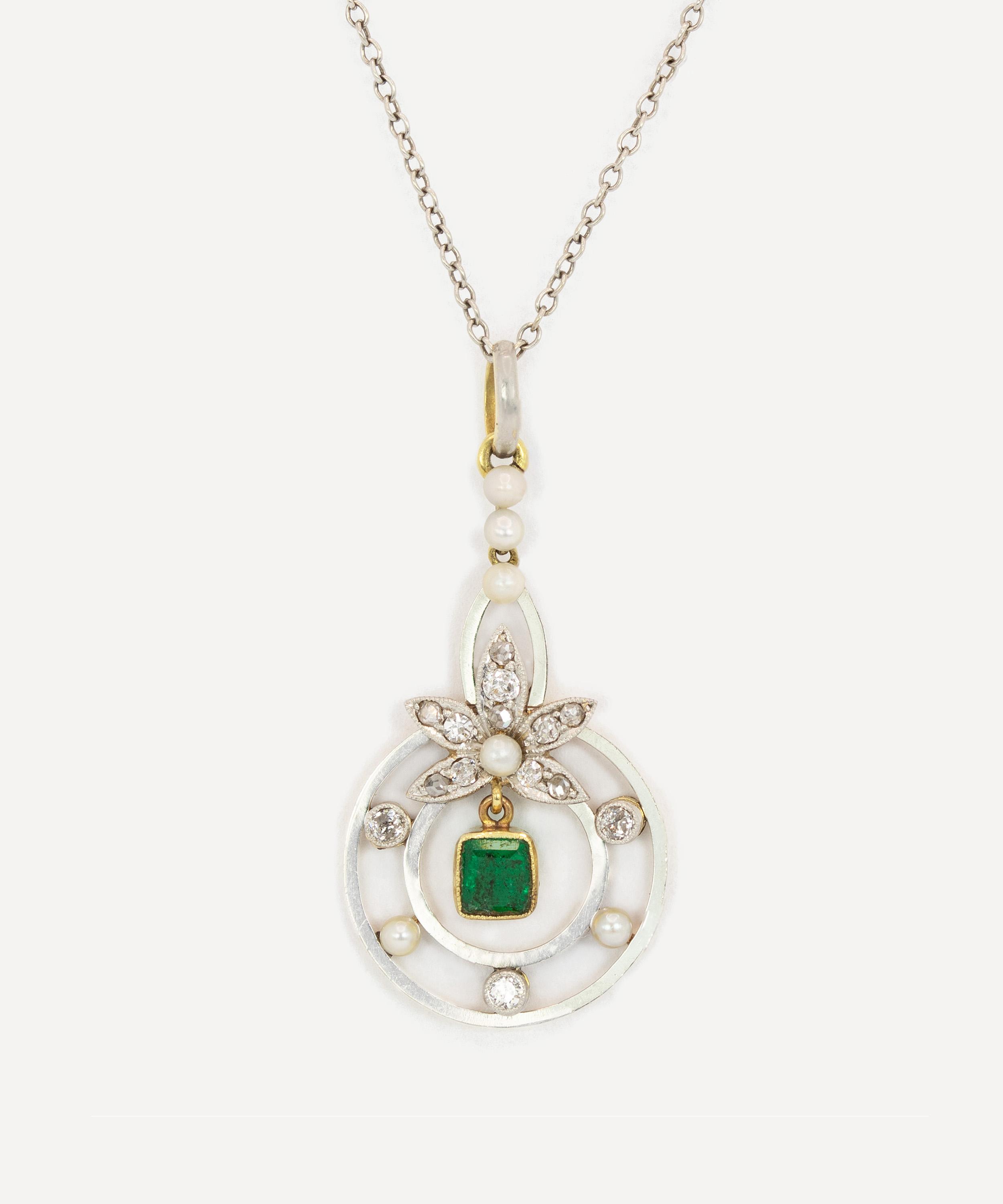 Kojis - Gold and Platinum Antique Emerald and Diamond Leaf Pendant Necklace image number 0