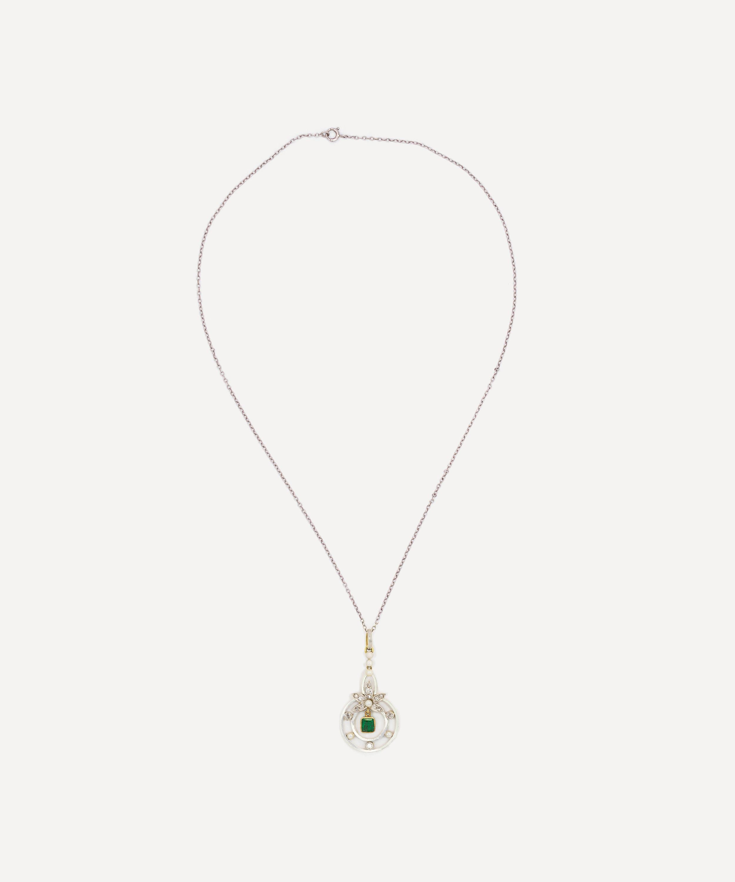 Kojis - Gold and Platinum Antique Emerald and Diamond Leaf Pendant Necklace image number 1