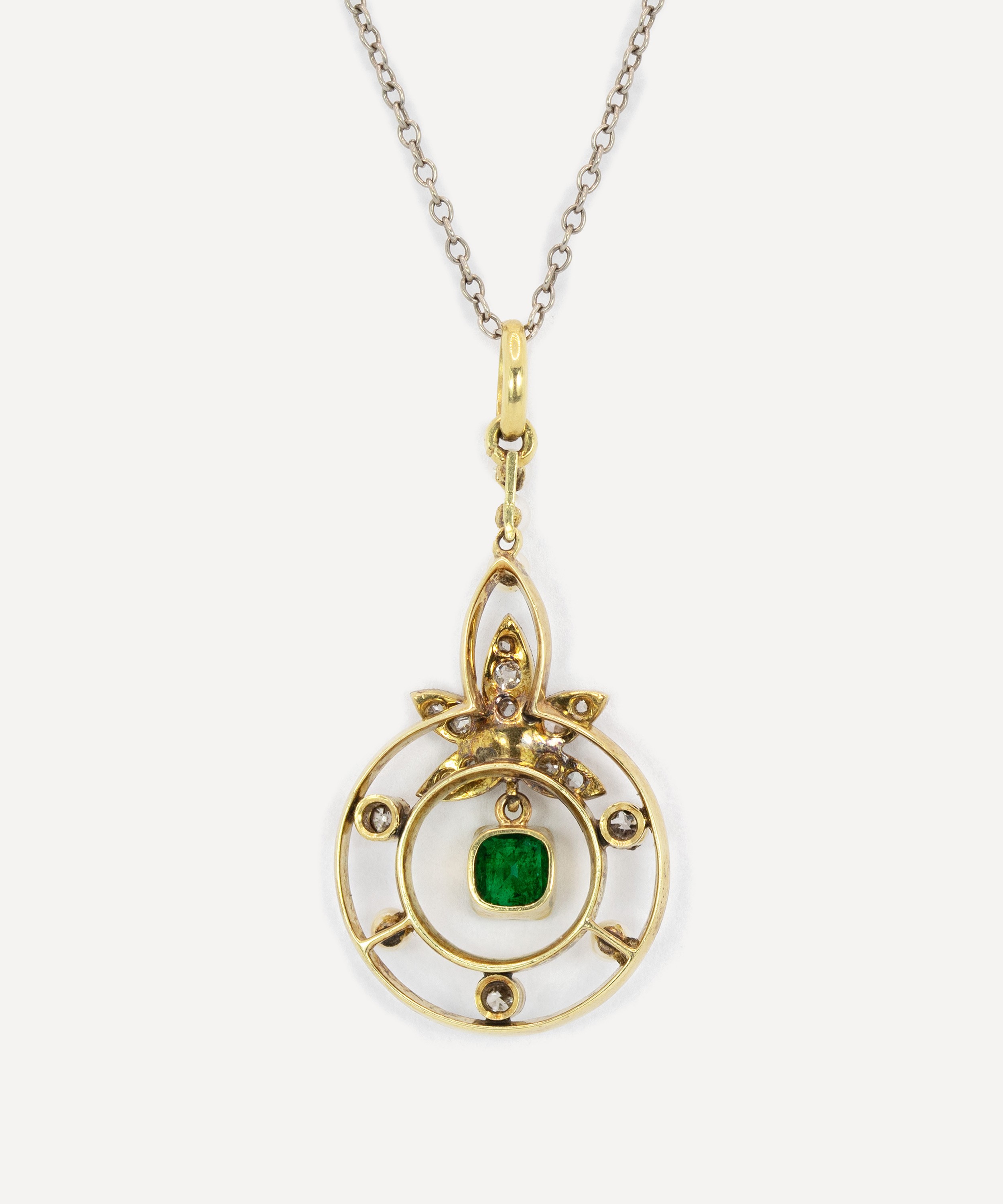 Kojis - Gold and Platinum Antique Emerald and Diamond Leaf Pendant Necklace image number 2