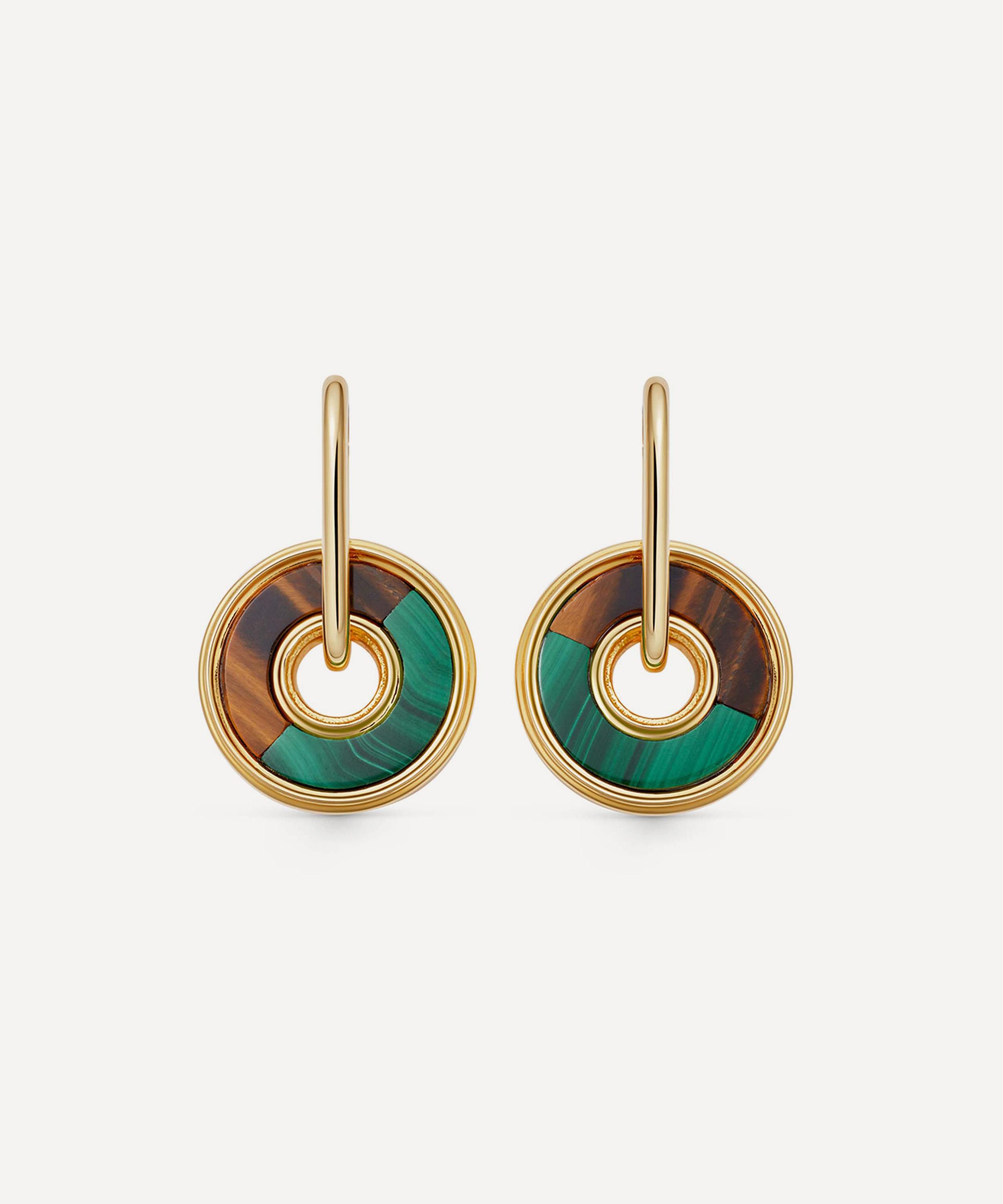 Astley Clarke - 18ct Gold-Plated Vermeil Silver Fuse Malachite and Tigers Eye Hoop Earrings image number 0