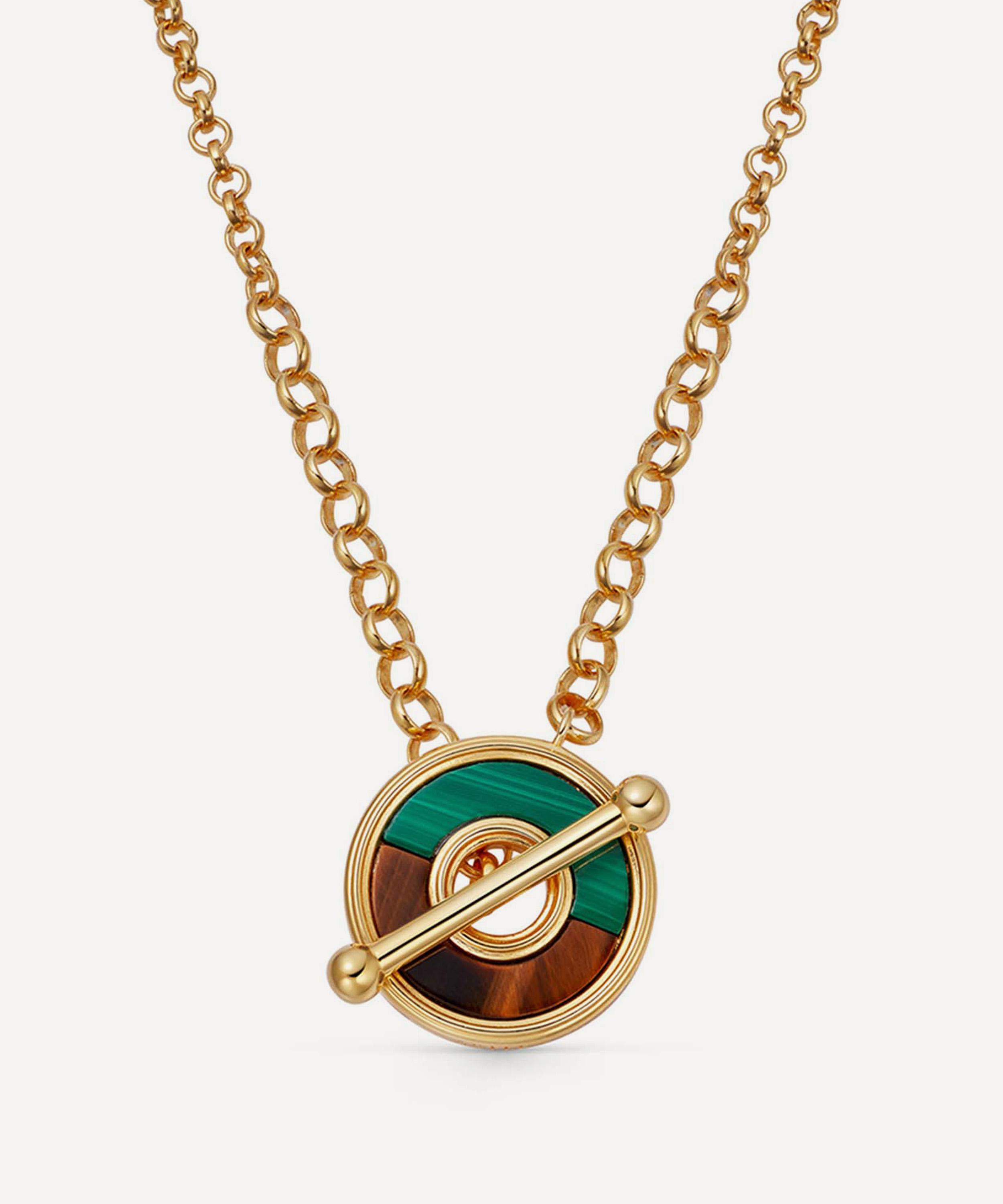 Astley Clarke - 18ct Gold-Plated Vermeil Silver Fuse Malachite and Tigers Eye T-Bar Pendant Necklace image number 0