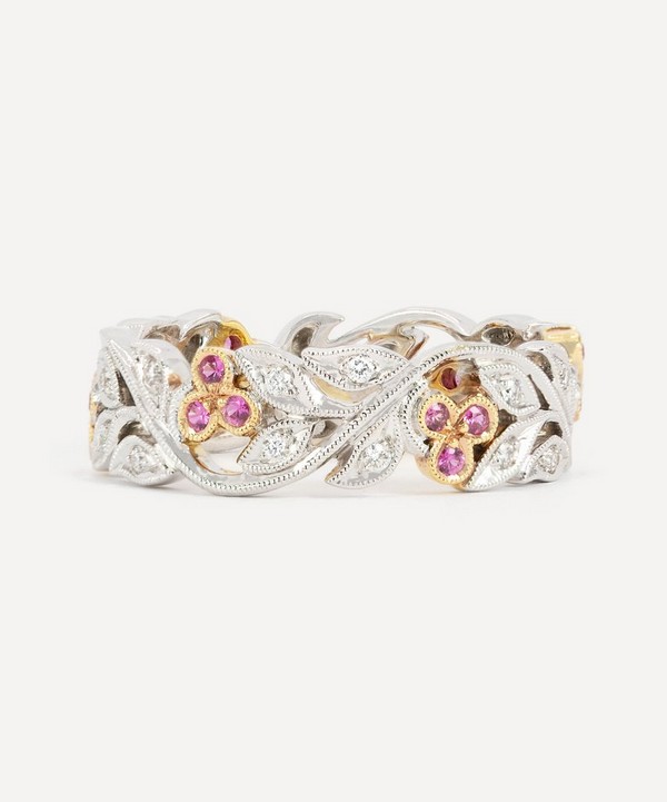 Kojis - 18ct White Gold and Rose Gold Pink Sapphire Floral Band Ring