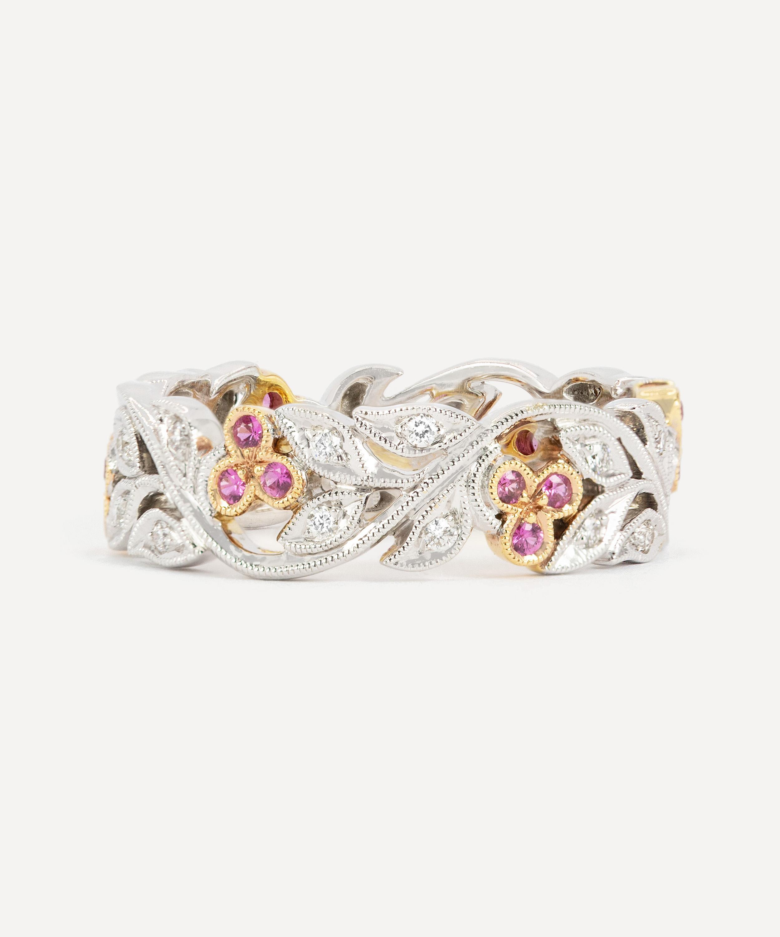 Kojis 18ct White Gold and Rose Gold Pink Sapphire Floral Band Ring