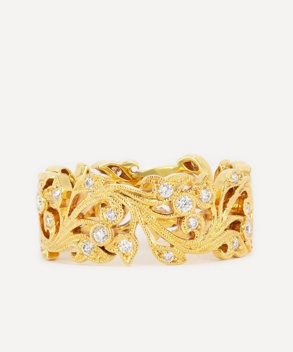 Kojis - 18ct Gold Wide Diamond Set Floral Band Ring image number null