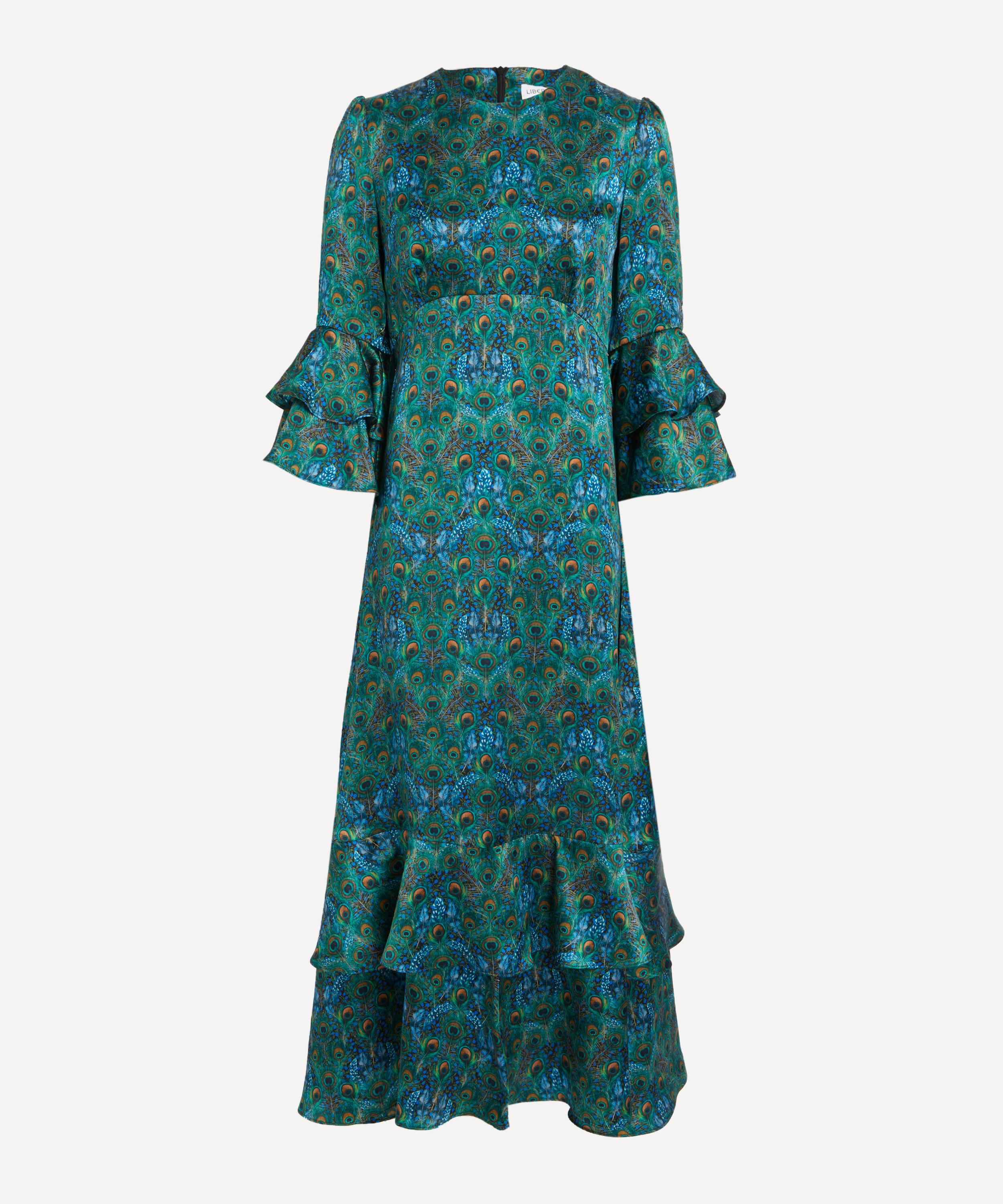 Liberty - Peacock Manor Silk Satin Gala Maxi Dress