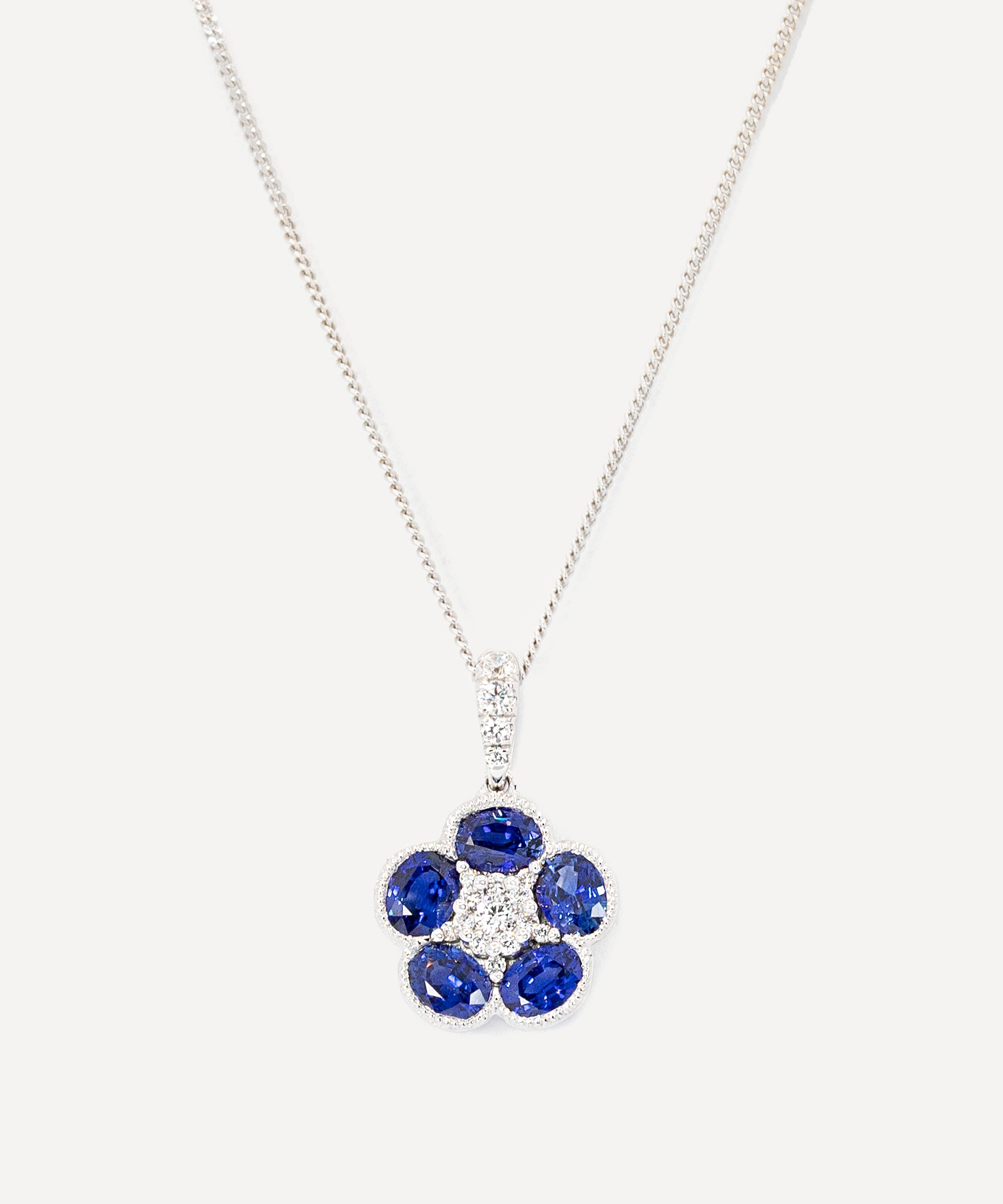 Kojis - 18ct White Gold Sapphire and Diamond Daisy Cluster Pendant Necklace image number 0