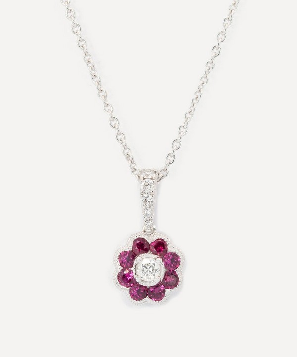 Kojis - 18ct White Gold Ruby and Diamond Flower Cluster Pendant Necklace image number null