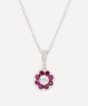 Kojis - 18ct White Gold Ruby and Diamond Flower Cluster Pendant Necklace image number 0