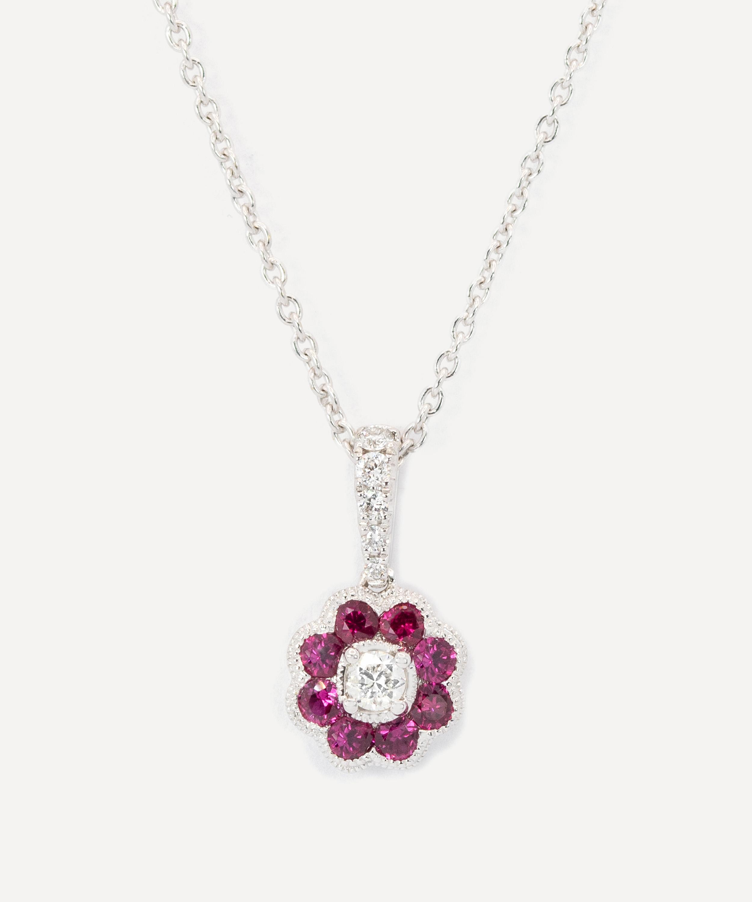 Kojis - 18ct White Gold Ruby and Diamond Flower Cluster Pendant Necklace image number 0