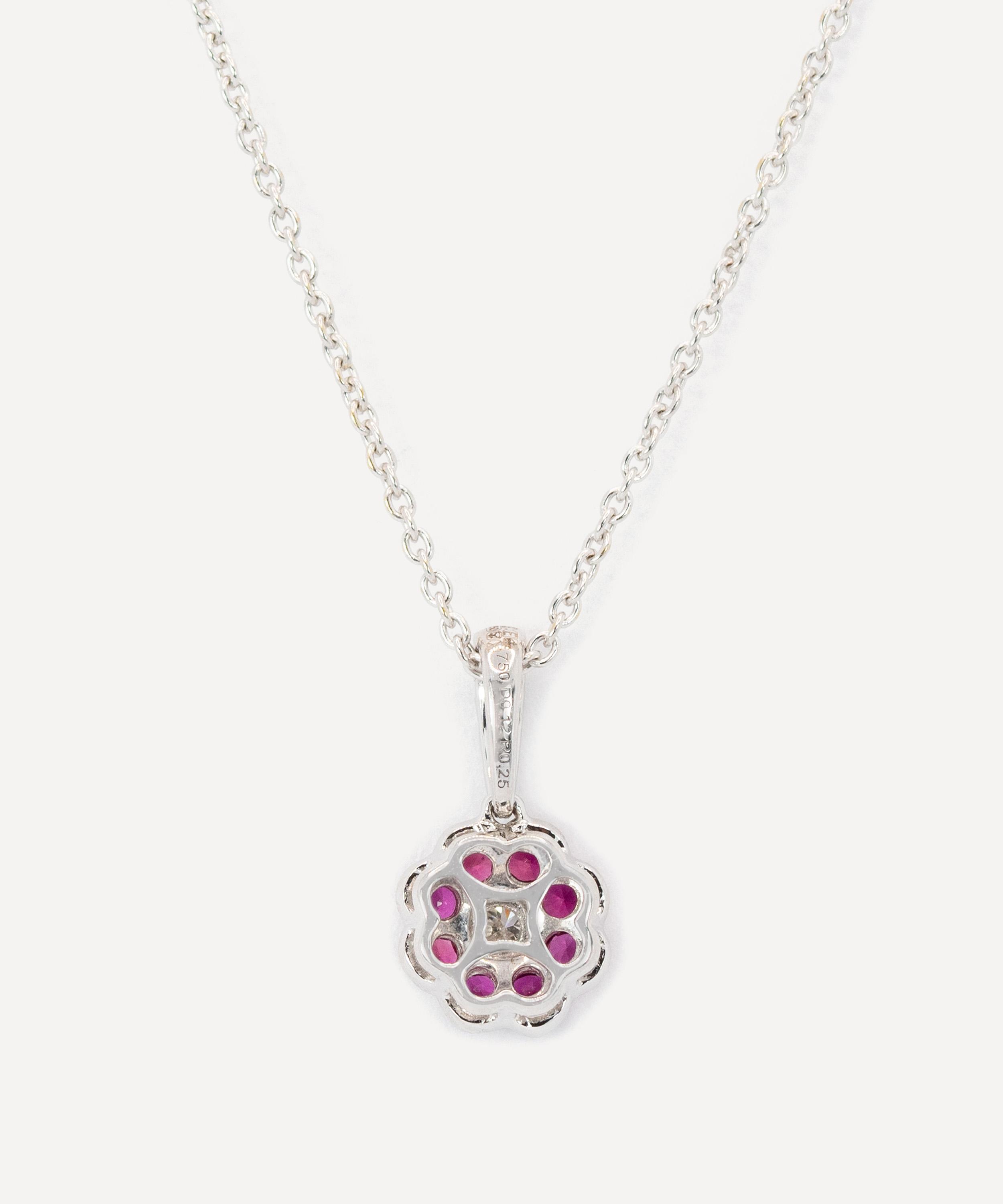 Kojis - 18ct White Gold Ruby and Diamond Flower Cluster Pendant Necklace image number 2