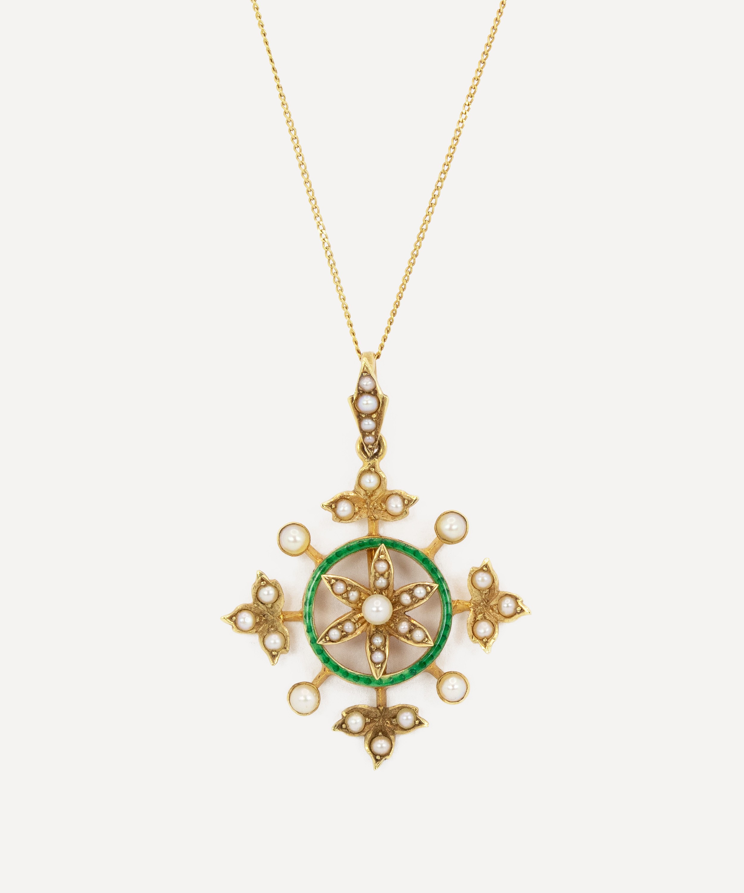 Kojis - 15ct Gold Edwardian Enamel and Pearl Pendant Necklace