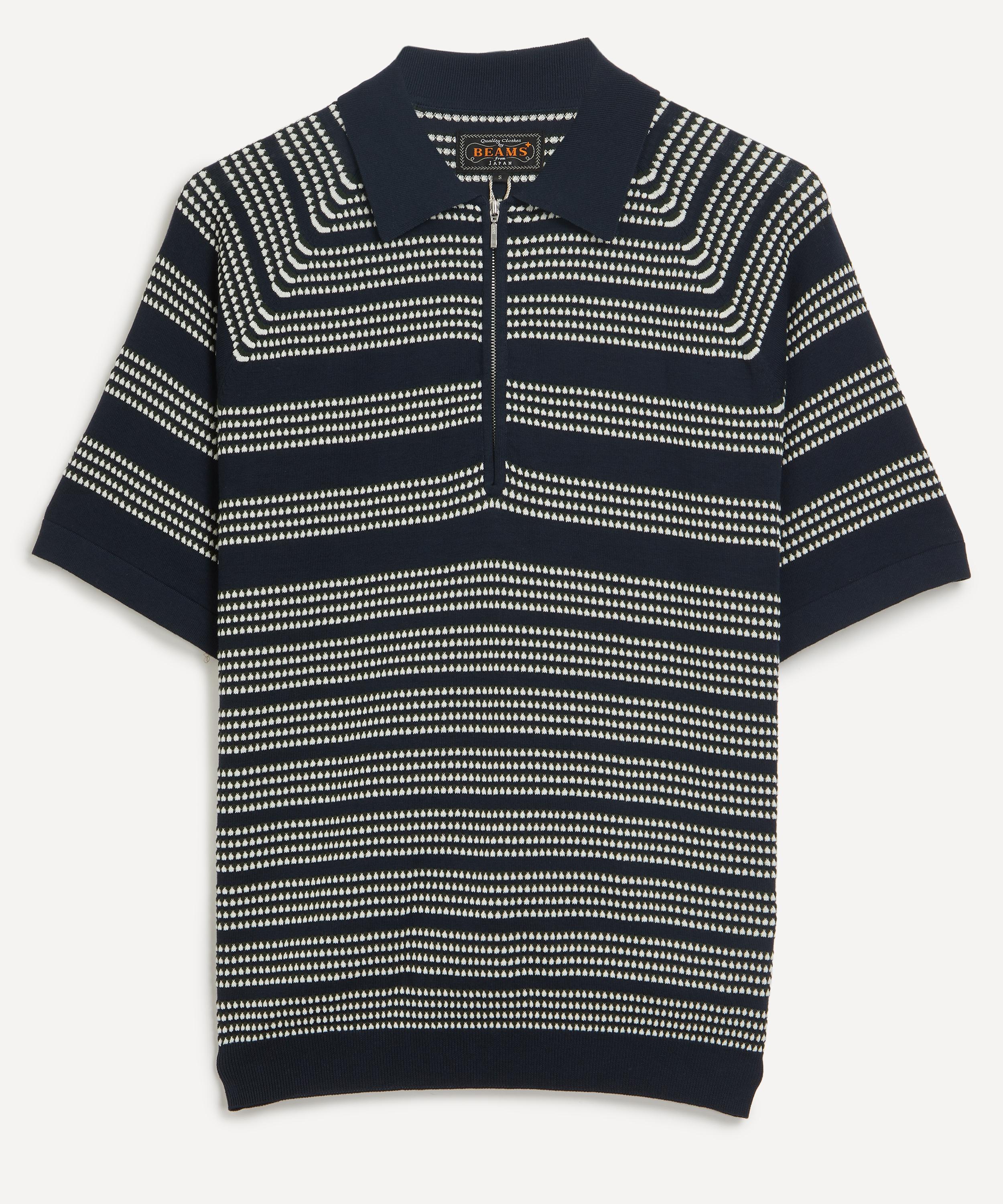 Beams - Zip Stripe-Pattern Knitted Polo Shirt image number 0
