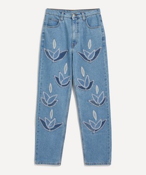 FANFARE - High Waisted Denim Leaf Blue Jeans image number 0