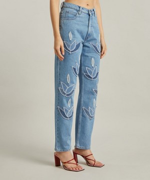 FANFARE - High Waisted Denim Leaf Blue Jeans image number 2