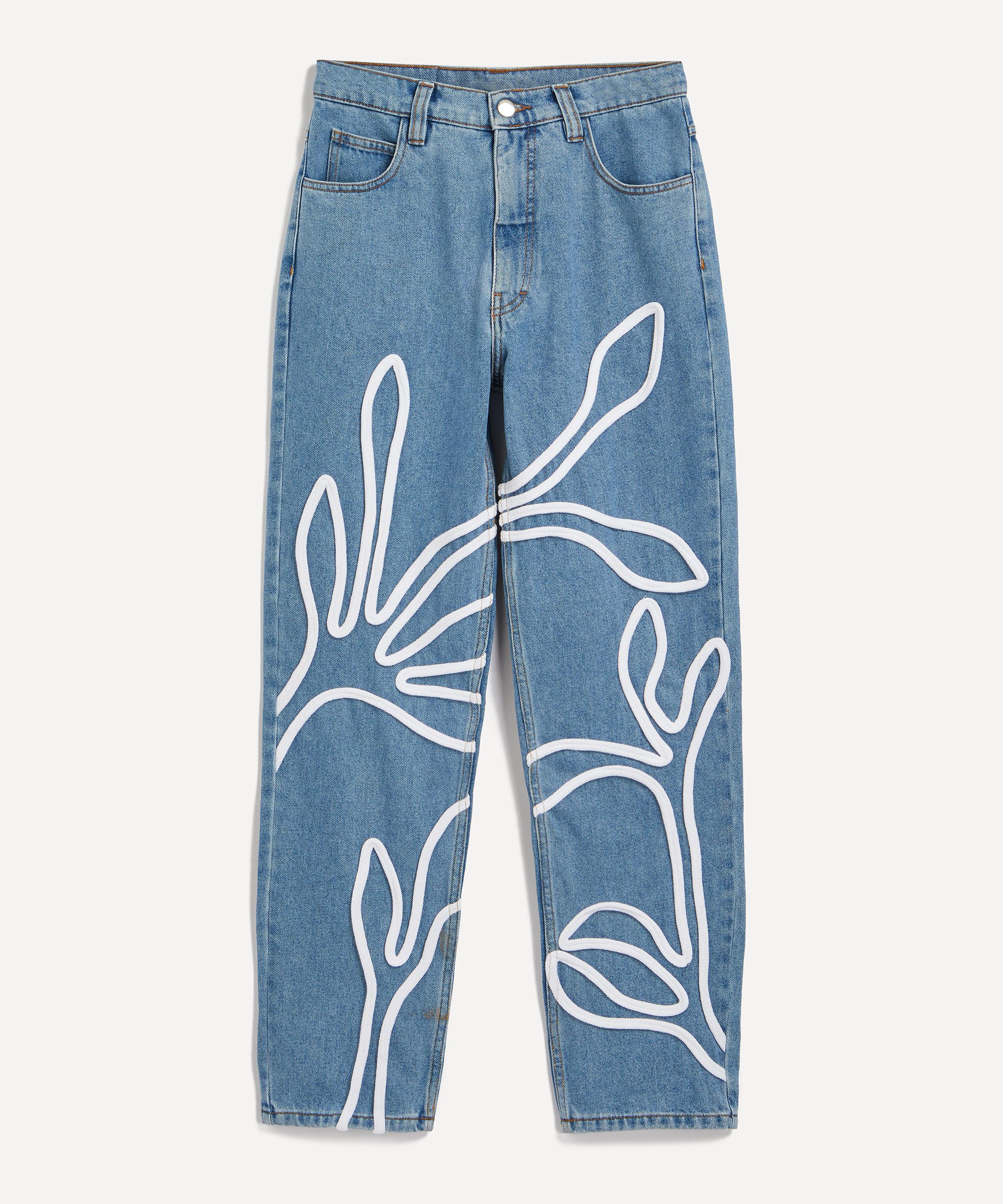 FANFARE - High Waisted Floral Trim Blue Jeans image number 0