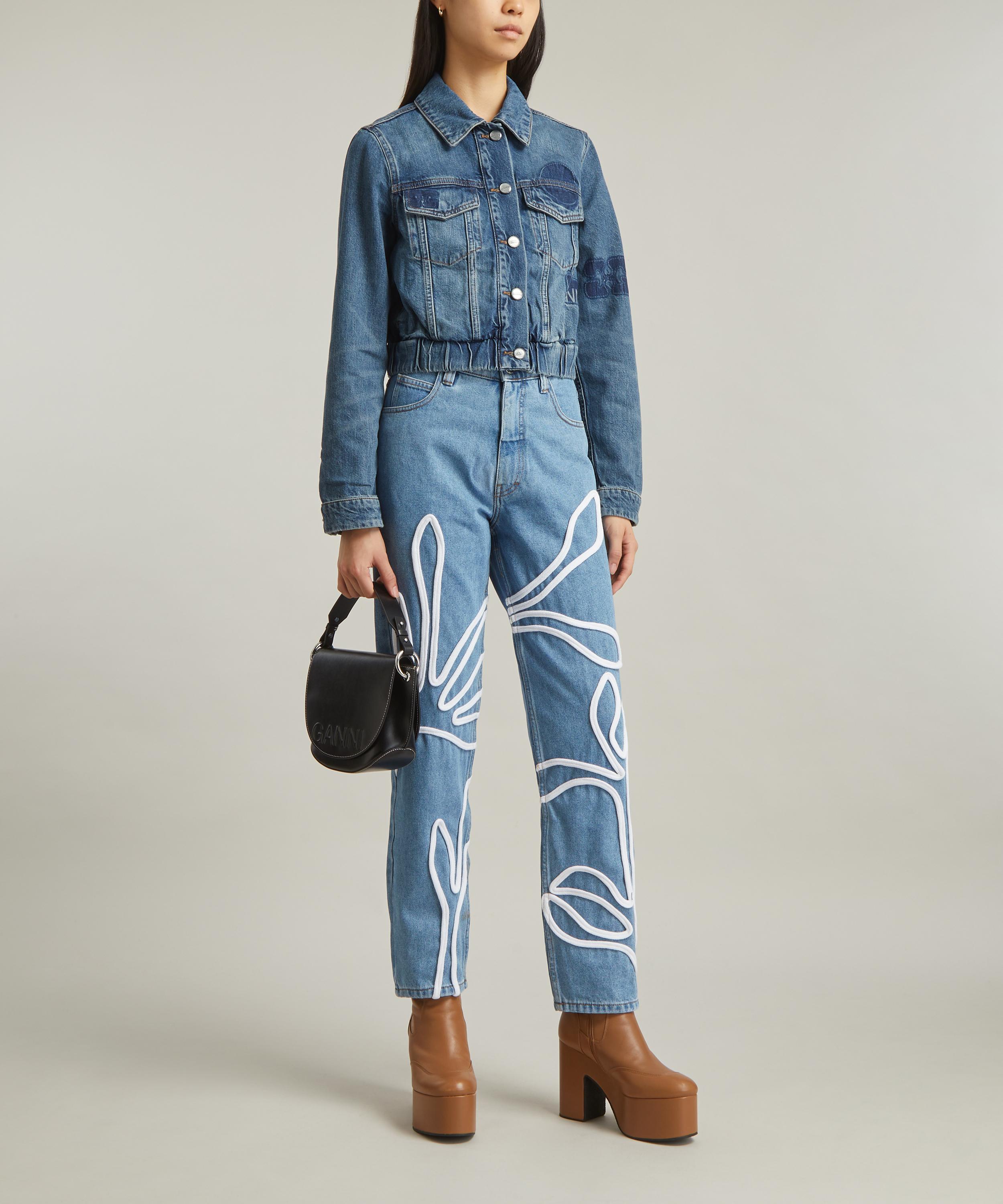 FANFARE - High Waisted Floral Trim Blue Jeans image number 1