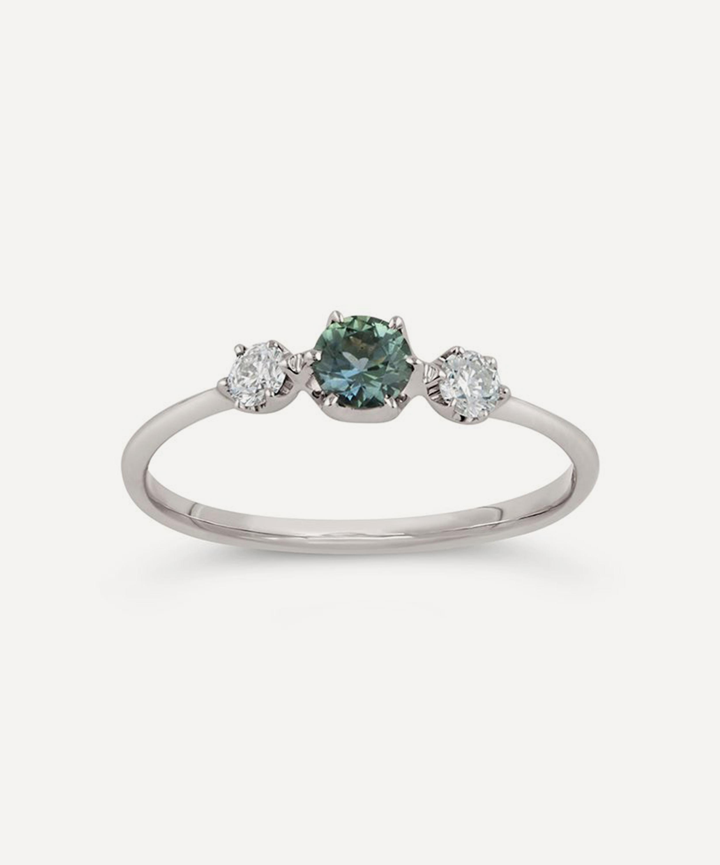 Dinny Hall - 18ct White Gold Elyhara Fine Eucalyptus Green Sapphire and Diamond Trilogy Ring image number 0