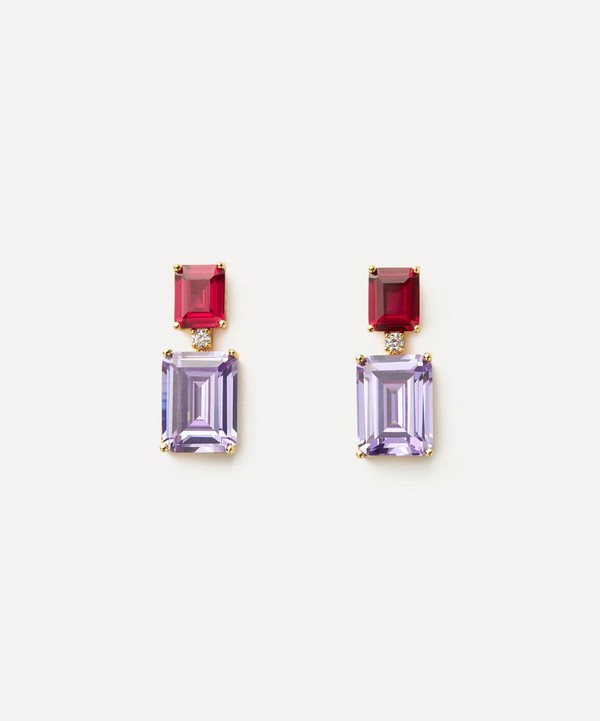 CZ by Kenneth Jay Lane - Gold-Plated Red and Lavender Rectangle Drop Earrings image number null