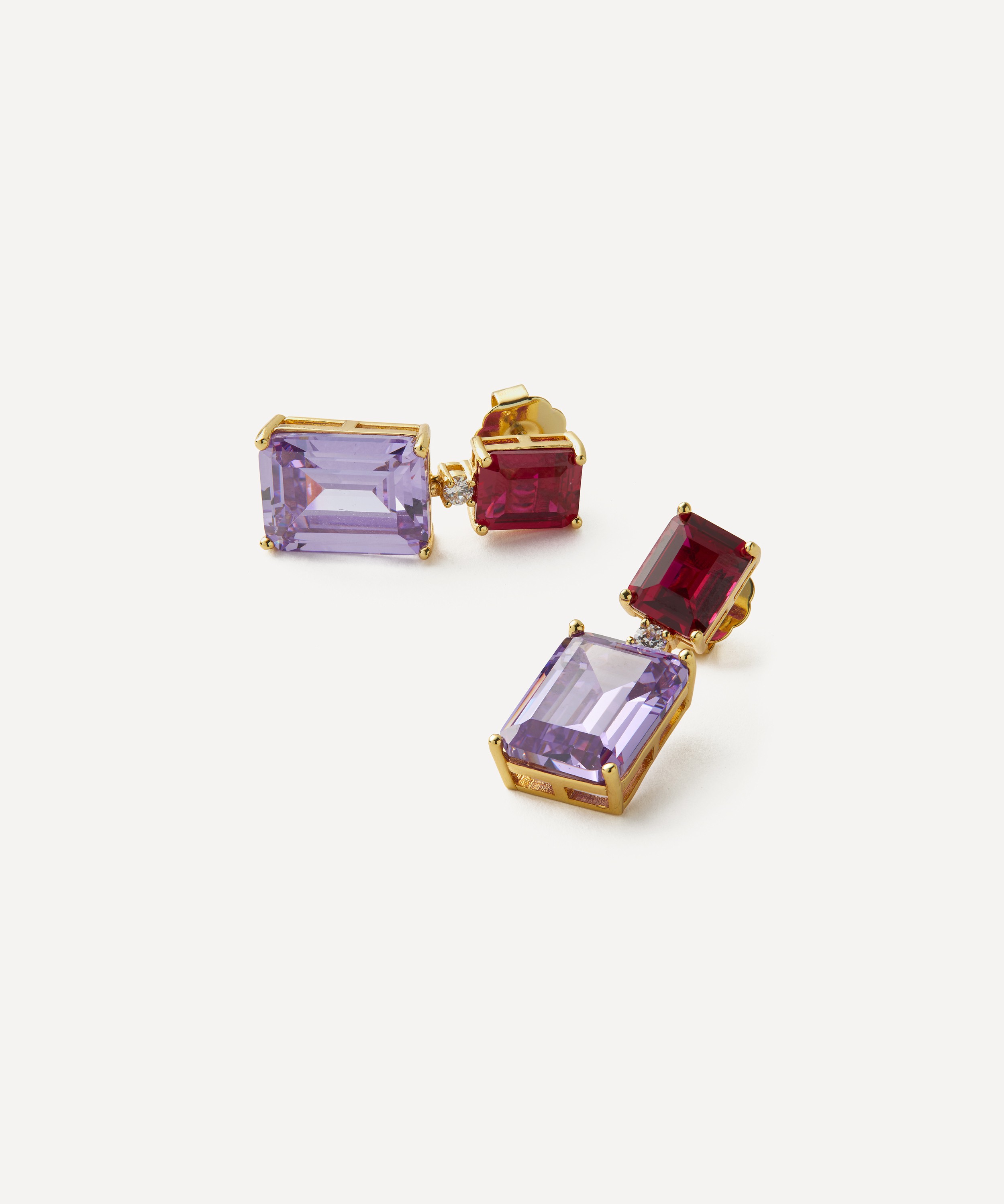 CZ by Kenneth Jay Lane - Gold-Plated Red and Lavender Rectangle Drop Earrings image number 1