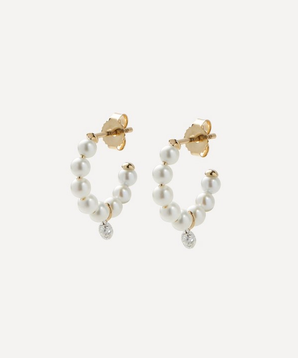 Mizuki - 14ct Gold Pierced Diamond Pearl Hoop Earrings