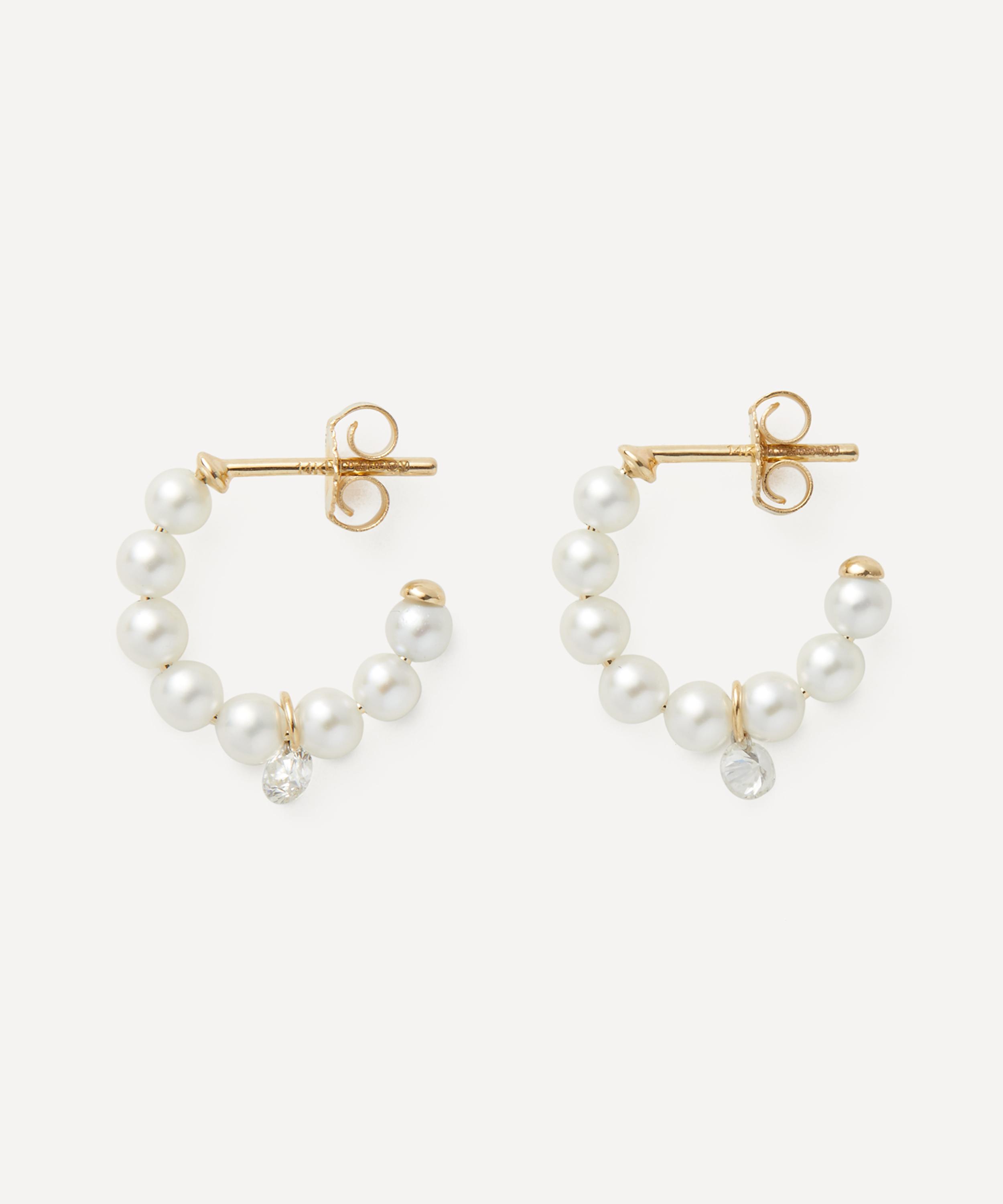 Mizuki - 14ct Gold Pierced Diamond Pearl Hoop Earrings image number 1