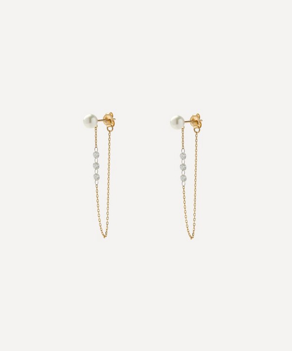 Mizuki - 14ct Gold Pierced Diamond and Pearl Chain Drop Earrings image number null