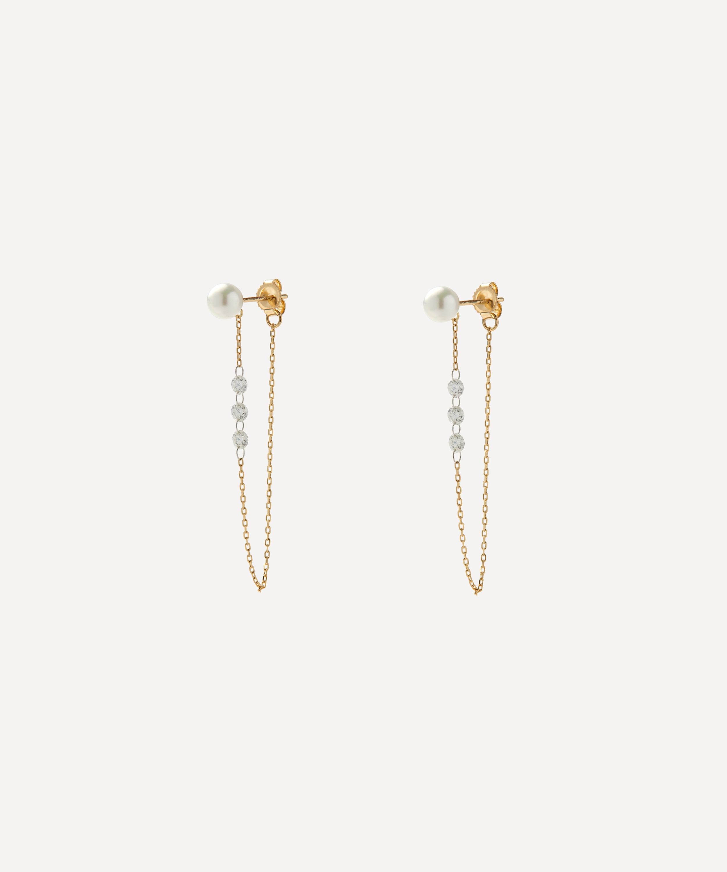 Mizuki - 14ct Gold Pierced Diamond and Pearl Chain Drop Earrings