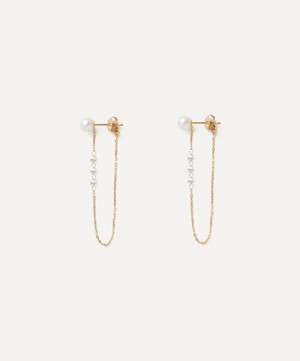Mizuki - 14ct Gold Pierced Diamond and Pearl Chain Drop Earrings image number 1
