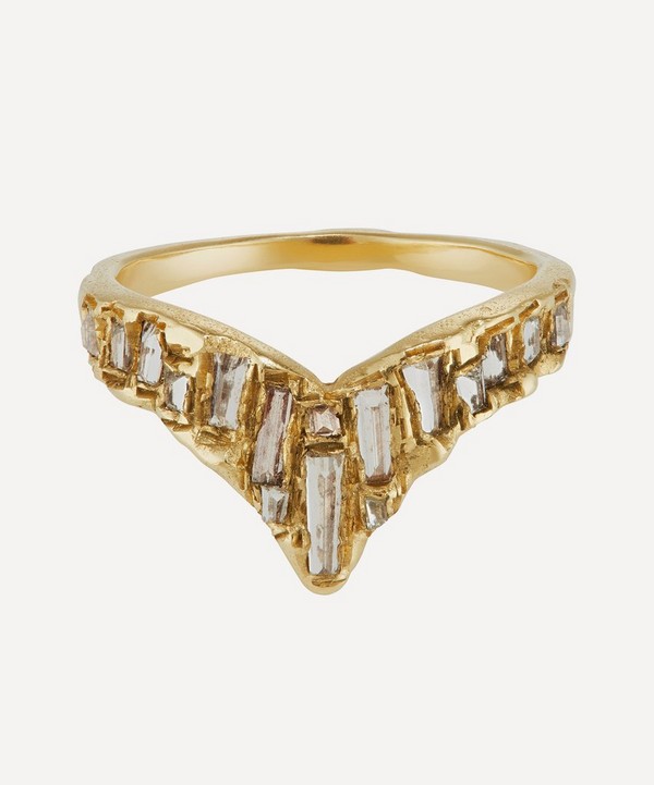 Ellis Mhairi Cameron - 14ct Gold Baguette X White Diamonds V Shape Scatter Ring image number null