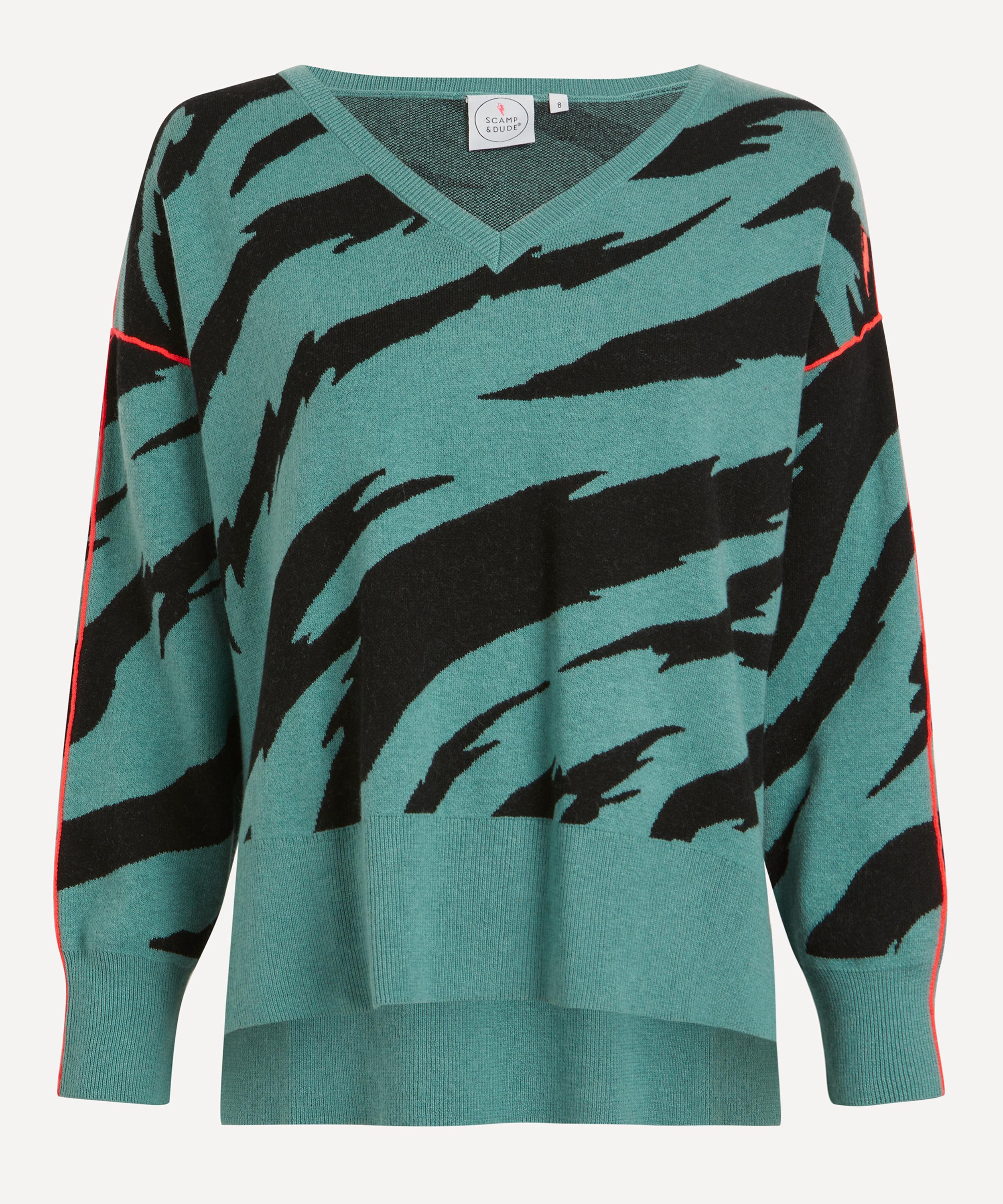 Scamp & Dude - Khaki with Black Jacquard Zebra V-neck Jumper image number 0