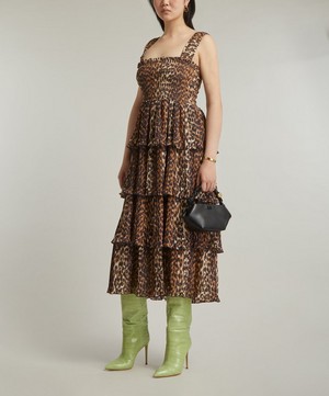 Ganni - Leopard Pleated Georgette Flounce Smock Midi Dress image number 1